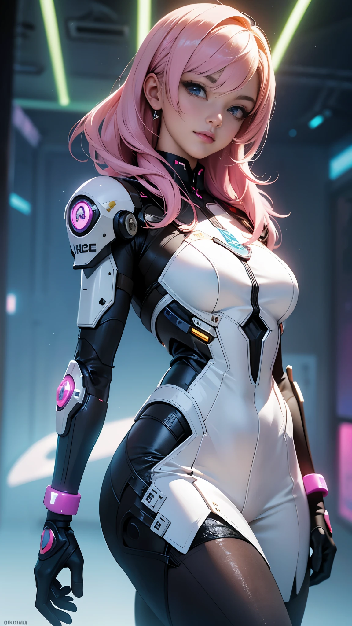 (The best quality,A high resolution,Ultra - detailed,actual),1 Gun style soldier girl in the background, Girl in White Mech, Cyberpunk anime mecha girl, Wearing sci-fi military armor, beautiful white cyborg girl, Cyborg - Silver Girl, Fira White Mech, Eco the Overwatch, Perfect anime cyborg woman, blue pupils, Five fingers, CGhSociety inspired, (pink hair) 