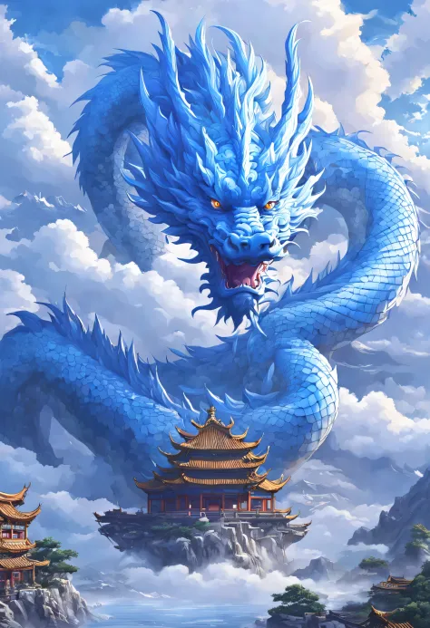 arian landscape,in fantasy world,chinese traditional architecture,blue dragon,cloud,Ocean,Sky,Mountain, thunder，{a head}