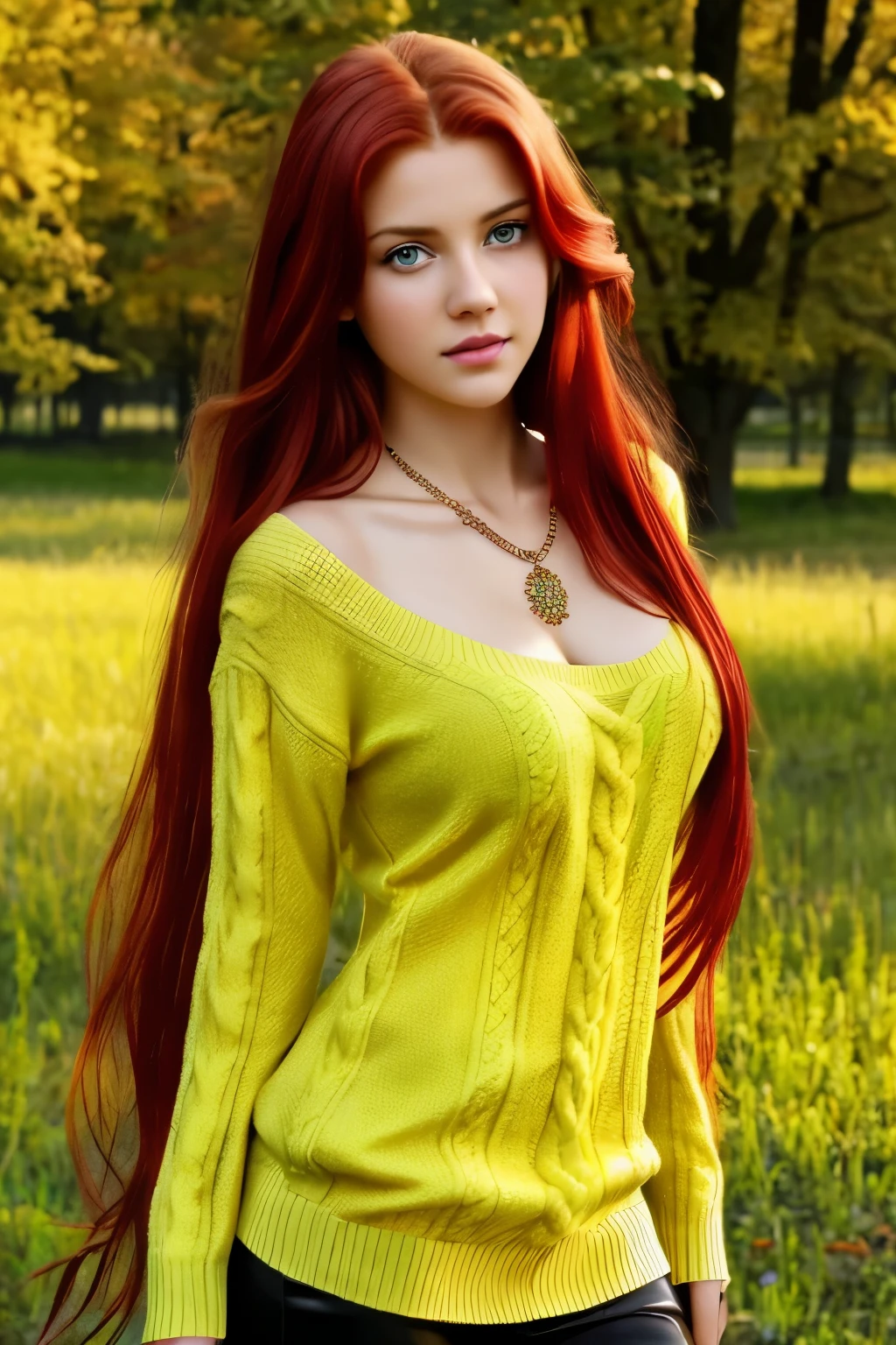 A close up of a woman with long red hair wearing a yellow sweater - SeaArt  AI