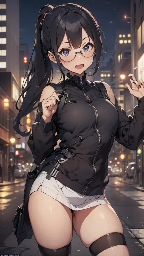 woman,20-year-old,,city,night,tight mini skirt bodysuit,(),open mouth smile((See-through))Glasses,((Beautiful long ponytail))