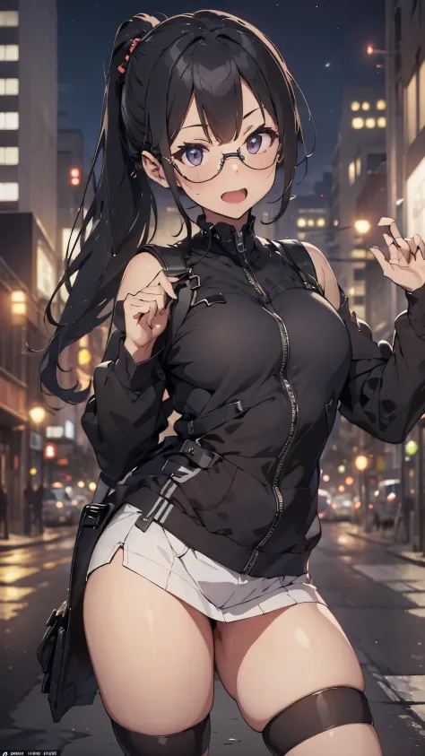 woman,20-year-old,,city,night,tight mini skirt bodysuit,(),open mouth smile((see-through))glasses,((beautiful long ponytail))