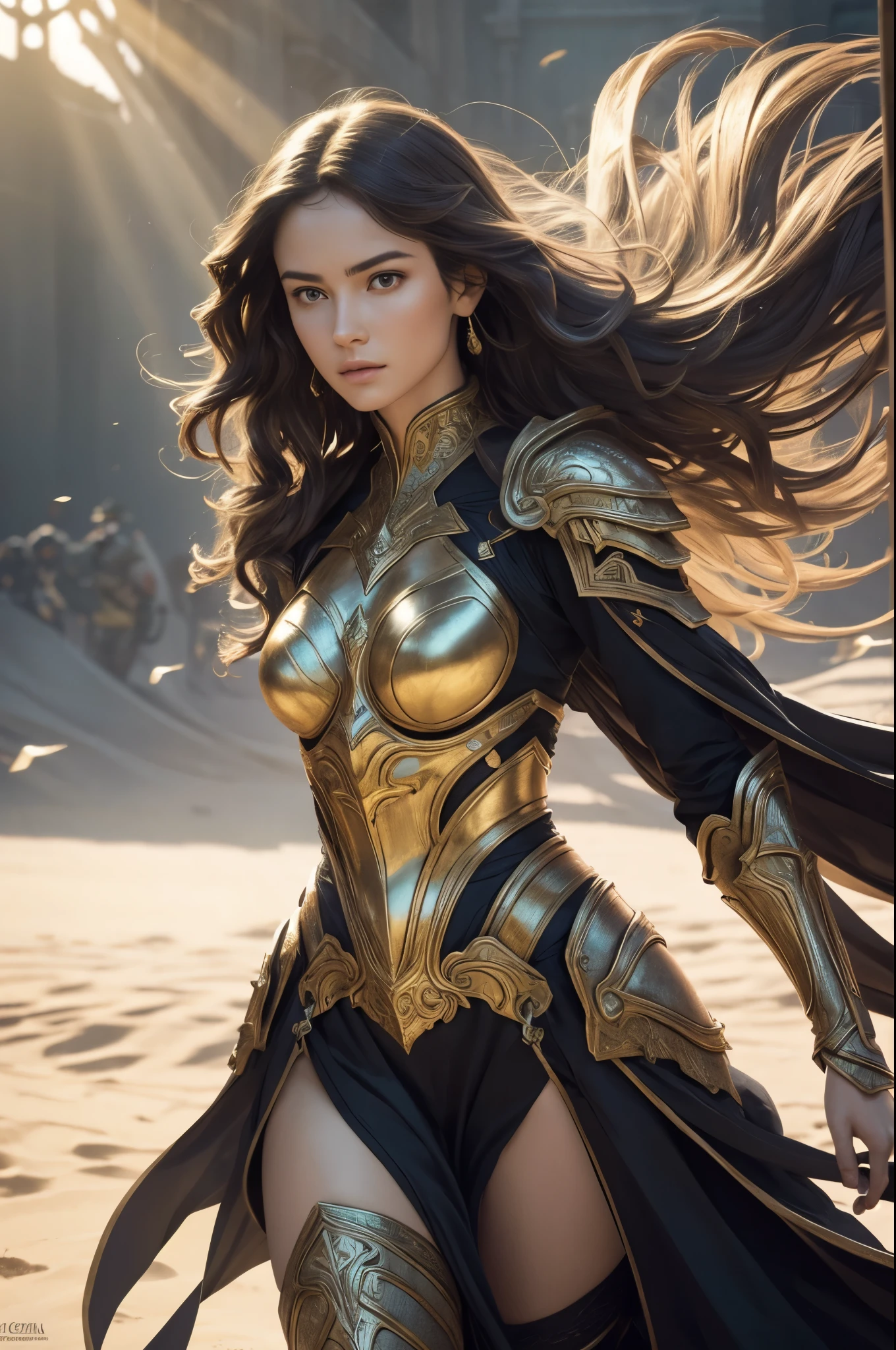 award winning concept art of tall (1girl) in ornate armor , model on runway, epic, god rays, centered, (masterpiece:1.2), (best quality:1.2), Amazing, highly detailed, beautiful, finely detail, warm soft color grading, Depth of field, extremely detailed 8k, fine art, stunning, iridescent, shiny, light reflections, crisp, curls, wind, flying sand, dynamic pose, hyper realism, vibrant, sunlit, edge detection