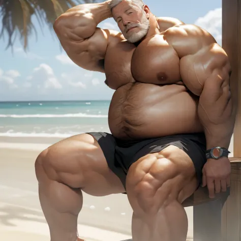 Overweight man, (fat), (hairless body), very fair and soft skin, (mustache), only a mustache, (white hair), short hair, overweight, belly prominent, large chest, enormous nipples, (speedo), nude, sitting facing forward with legs spread. High-resolution ima...
