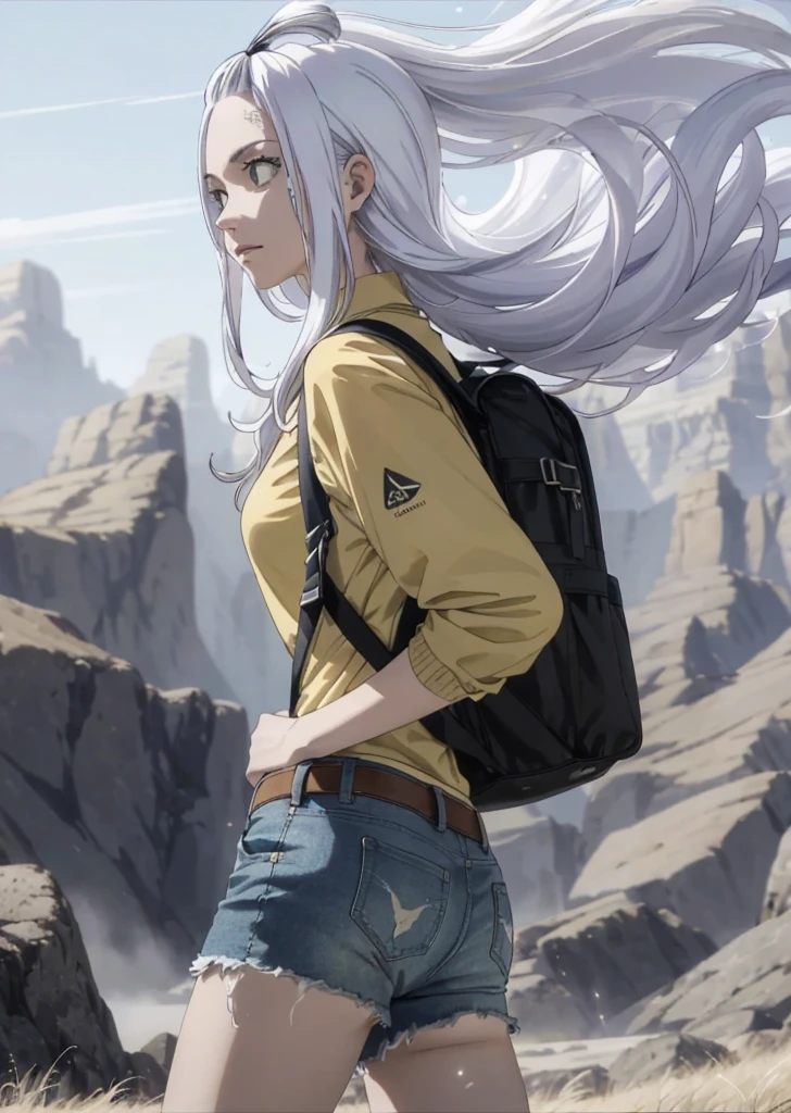 (beautiful and magnificent skyline, majestic sky), (extremely tense and dramatic pictures, moving visual effects), (high hanging Polaris, colorful natural light), (1girl), (long-sleeved top, denim shorts, carrying a backpack), (dynamic pose:1.3, black eyes, white hime-cut hair, sparkling girl)[:0.8], (large grassland), (oncoming breeze), (white hair and background Coordination effect: 1.2), (close shot, long shot mix and match)[::0.9]