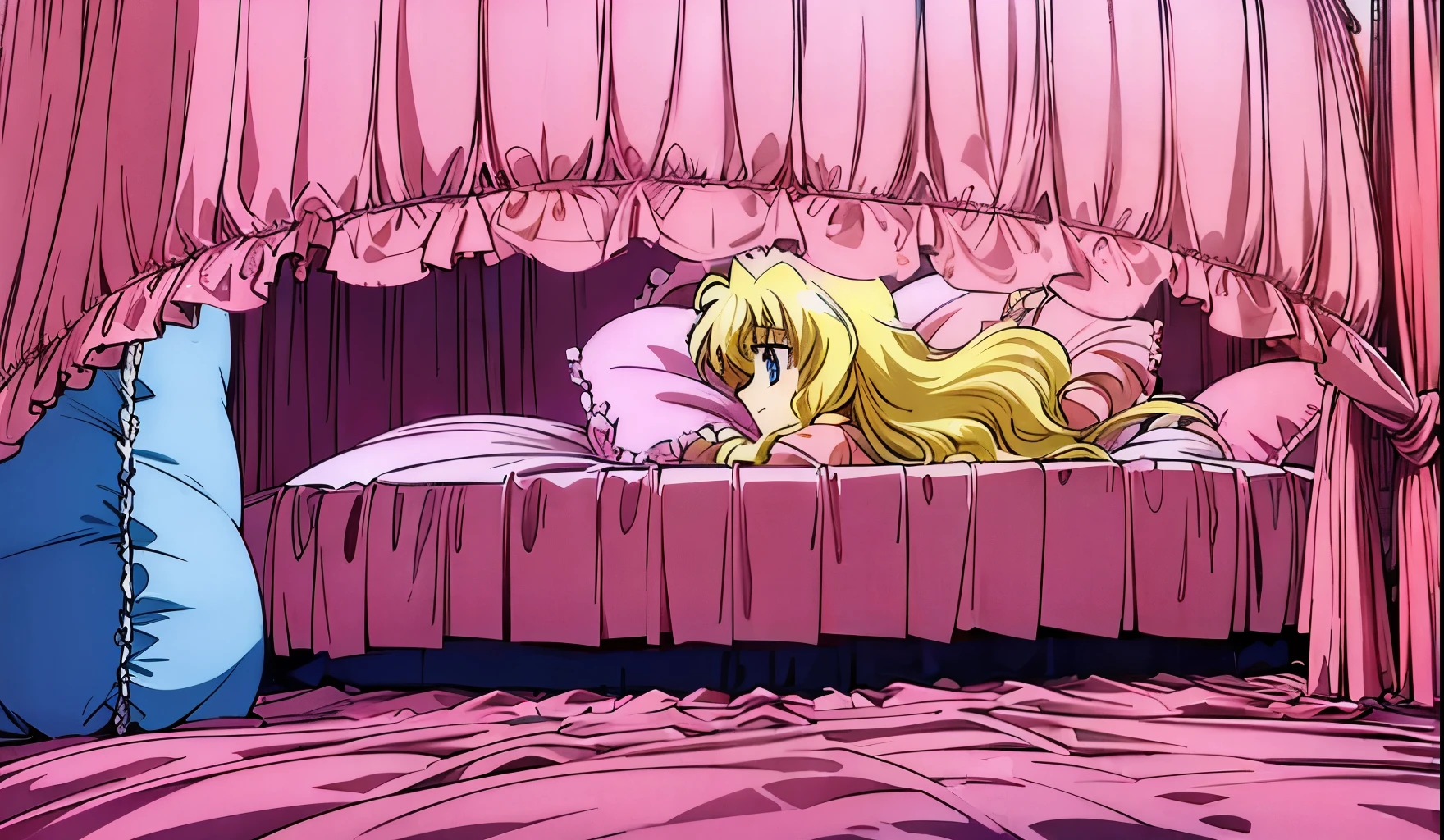 Anime scene of a blonde woman laying on a bed with a pink canopy - SeaArt AI