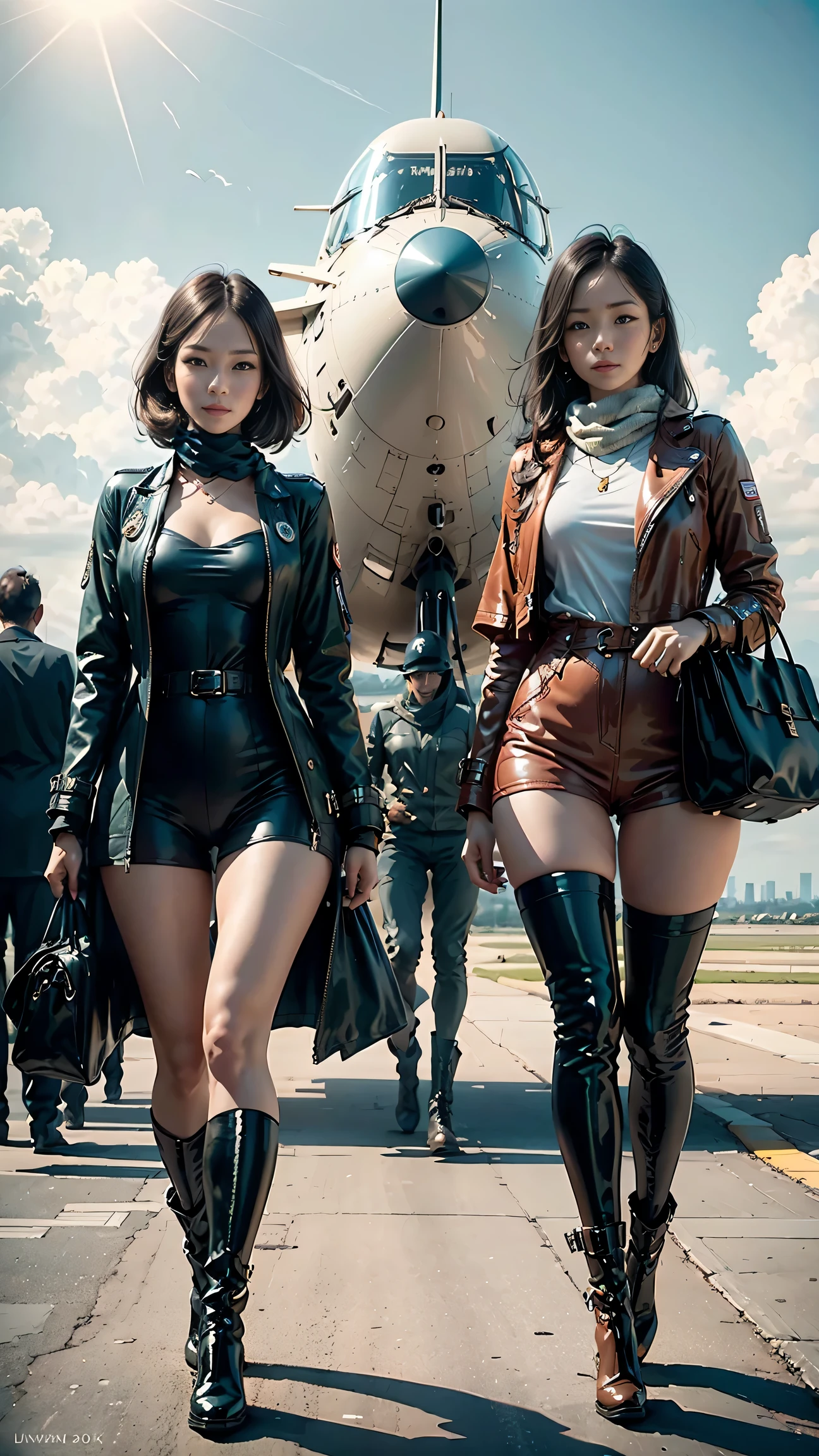 （best quality，4K，8K，masterpiece：1.2），Super fine，（lifelike，Photo lifelike，The photos are real：1.37），Female pilots，confident expression，clear focus，lifelike、leather flight suit，Jumpsuits，leather boots，aviation scarf，sunny，blue sky and white cloud，cloud，Retro color，retro filter，Retro Style，soft sunshine，