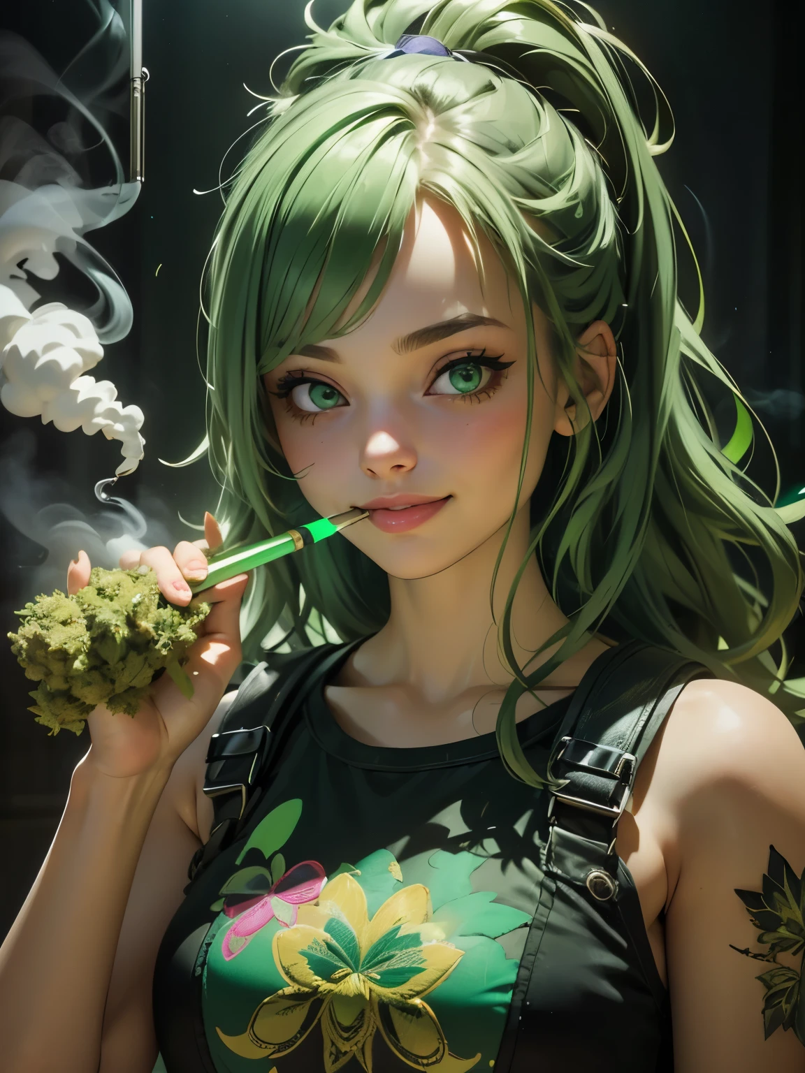 (melhor qualidade), (rosto perfeito), (Alto detalhe), (1 garota), (fechar-se), (Tiros na Cabeça), uma linda garota drogada fumando um baseado, sorridente, muito alto na vida, sala cheia de fumaça, fumaça de maconha, THC, (olhos verdes), (verde néon 1:1), hdr,4K, 3D