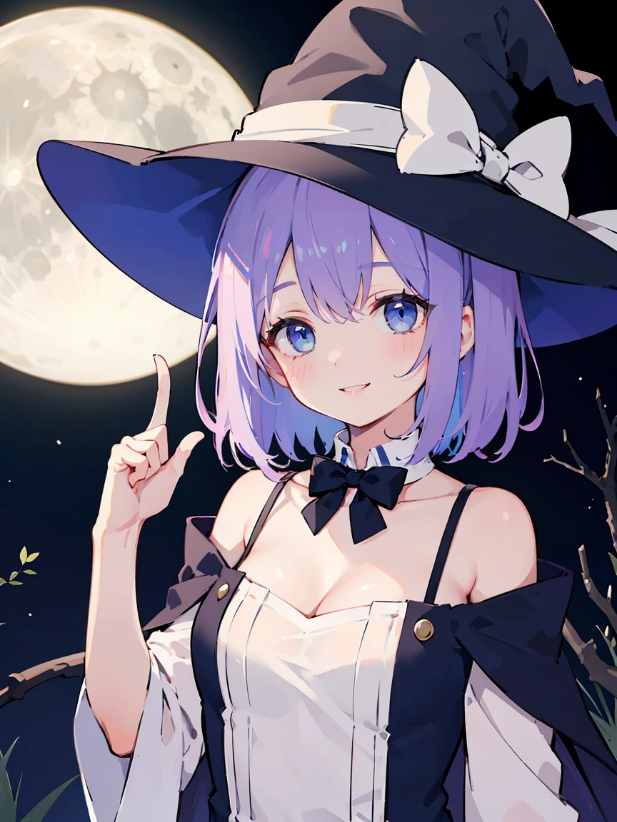 1girl, solo, looking at viewer, upper body, medium hair, light purple hair color, background of fantasy, enchanted forest, moonlit night, wizard, witch hat, standing, medium breasts, Raise your index finger and place your hand in front of your mouth, one eye closed, collarbone, bowtie,