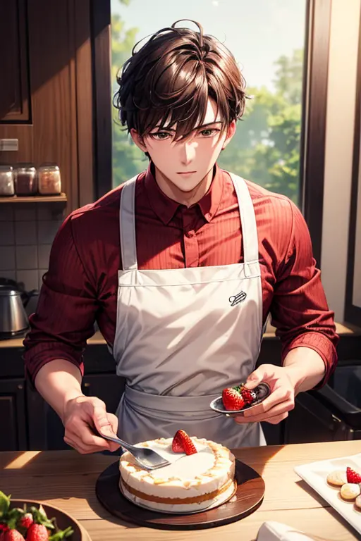 a handsome guy、pastry chef man、kitchen、brown short hair、brown eyes、long sleeve、making strawberry cake、high resolution、in 8k、shar...