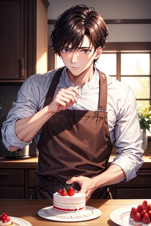 a handsome guy、Pastry chef man、kitchen、brown short hair、brown eyes、long sleeve、chef、making strawberry cake、High resolution、In 8K、sharp focus、zoom、with the best image quality、highest quality