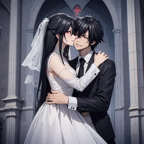 a man in a black suit hugging a woman and kissing. (red eyes), wearing white wedding clothes in a church, smiling, perfect featu...