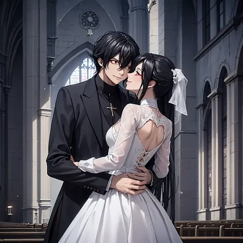 a man in a black suit hugging a woman and kissing. (red eyes), wearing white wedding clothes in a church, smiling, perfect featu...