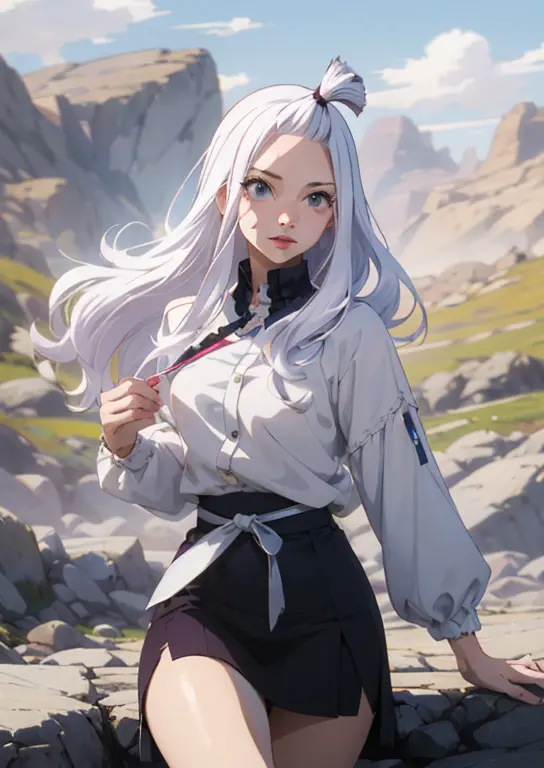 anime girl with long white hair in a field with a city in the background, girl with white hair, perfect white haired girl, detai...