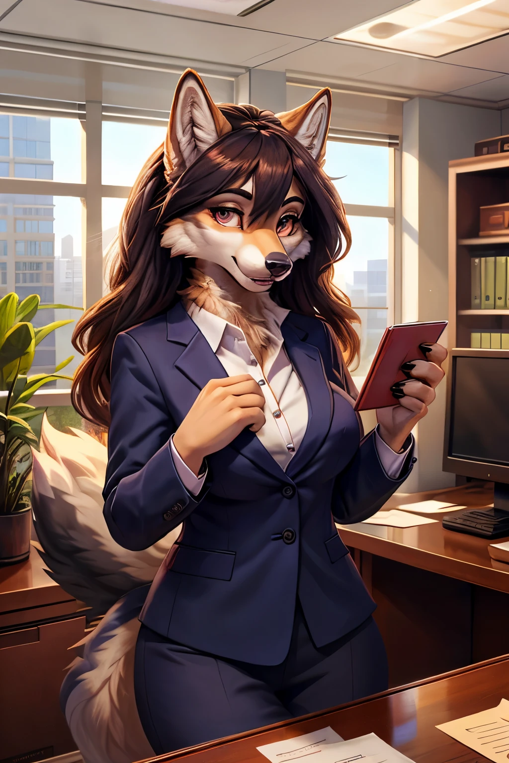 Female, wolf, fluffy, furry, office background, beautiful, very detailed, high-resolution, detailed eyes, detailed hands, detailed background, masterpiece