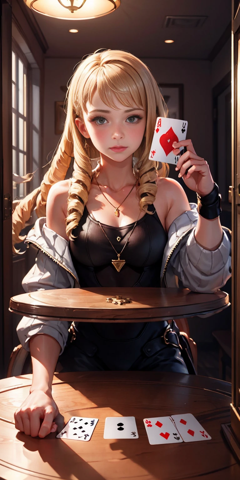 Highly detailed, High Quality, Masterpiece, beautiful, PlayingCards, 1slave girl, solo, holding, card, table, holding card, sitting, indoors, playing card, pov across table, closed mouth, looking at viewer, Forrest, Blonde hair, jacket on shoulders, necklace, big pendant, sleeveless shirt, millennium puzzle