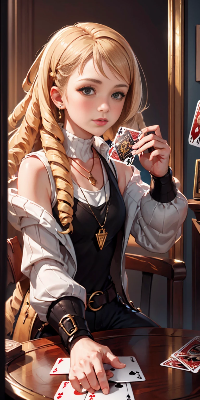 Highly detailed, High Quality, Masterpiece, beautiful, PlayingCards, 1slave girl, solo, holding, card, table, holding card, sitting, indoors, playing card, pov across table, closed mouth, looking at viewer, Forrest, Blonde hair, jacket on shoulders, necklace, big pendant, sleeveless shirt, millennium puzzle