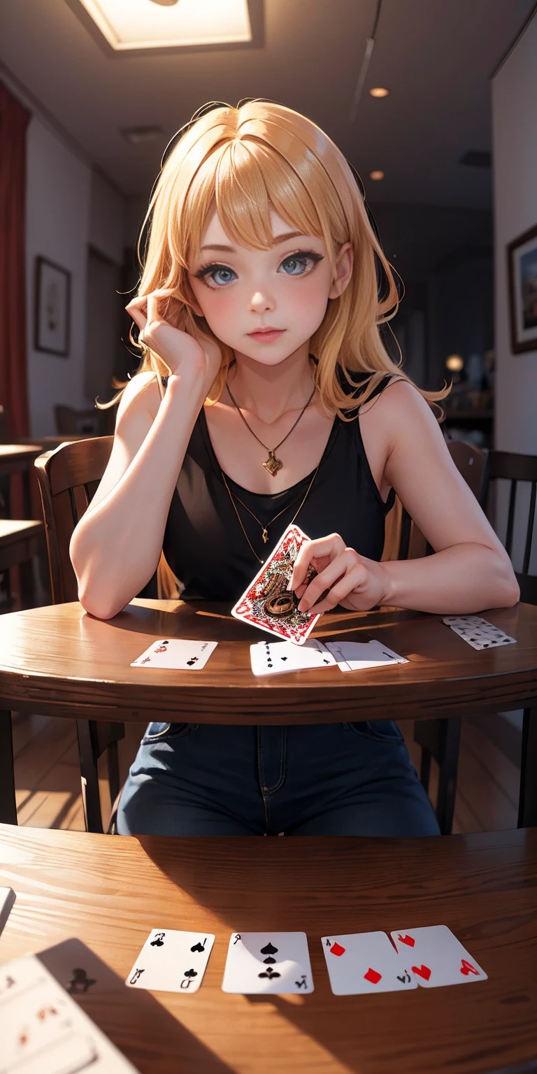 Highly detailed, High Quality, Masterpiece, beautiful, PlayingCards, 1slave girl, solo, holding, card, table, holding card, sitting, indoors, playing card, pov across table, closed mouth, looking at viewer, Forrest, Blonde hair, jacket on shoulders, necklace, big pendant, sleeveless shirt, millennium puzzle
