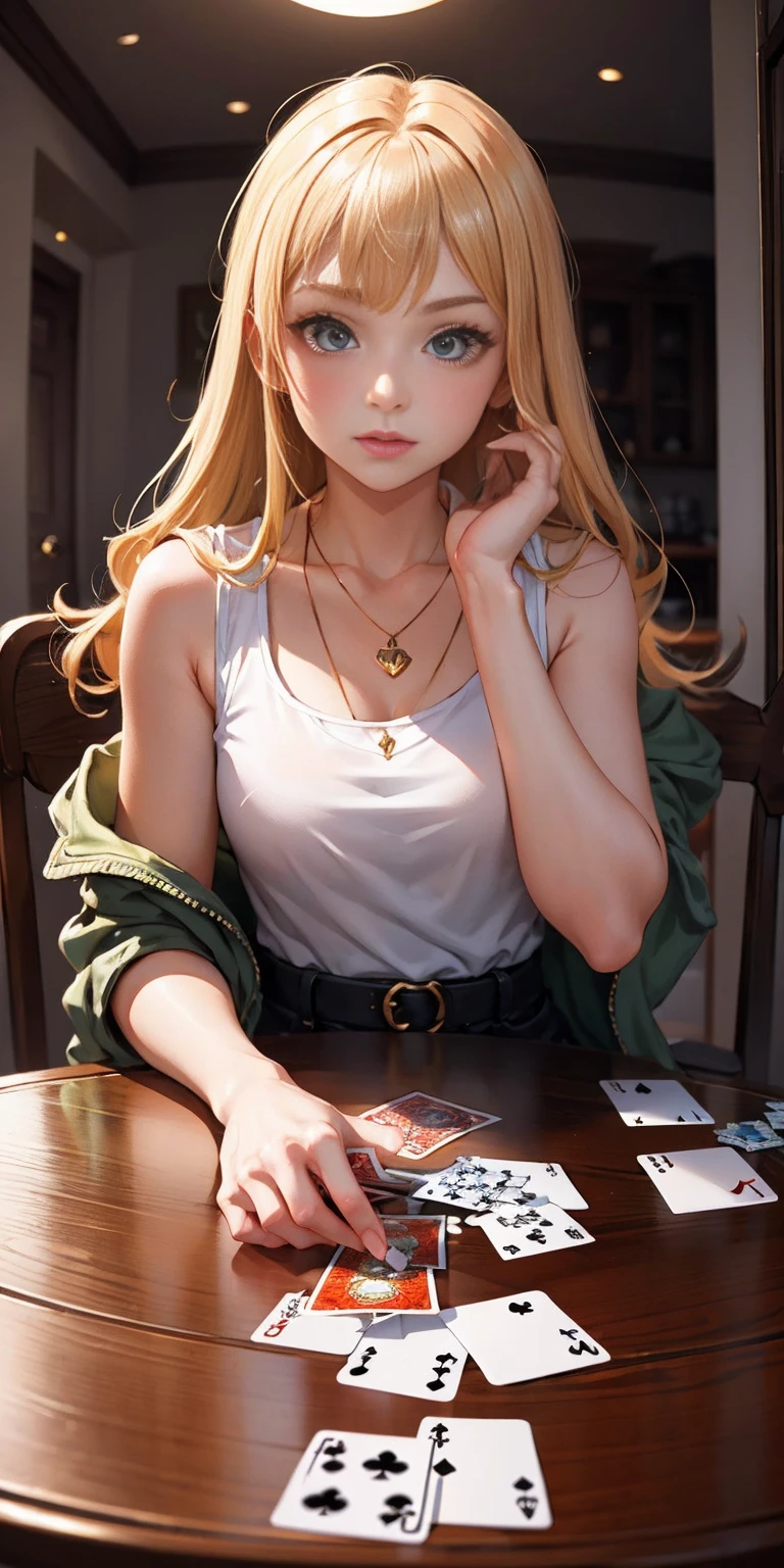 Highly detailed, High Quality, Masterpiece, beautiful, PlayingCards, 1slave girl, solo, holding, card, table, holding card, sitting, indoors, playing card, pov across table, closed mouth, looking at viewer, Forrest, Blonde hair, jacket on shoulders, necklace, big pendant, sleeveless shirt, millennium puzzle
