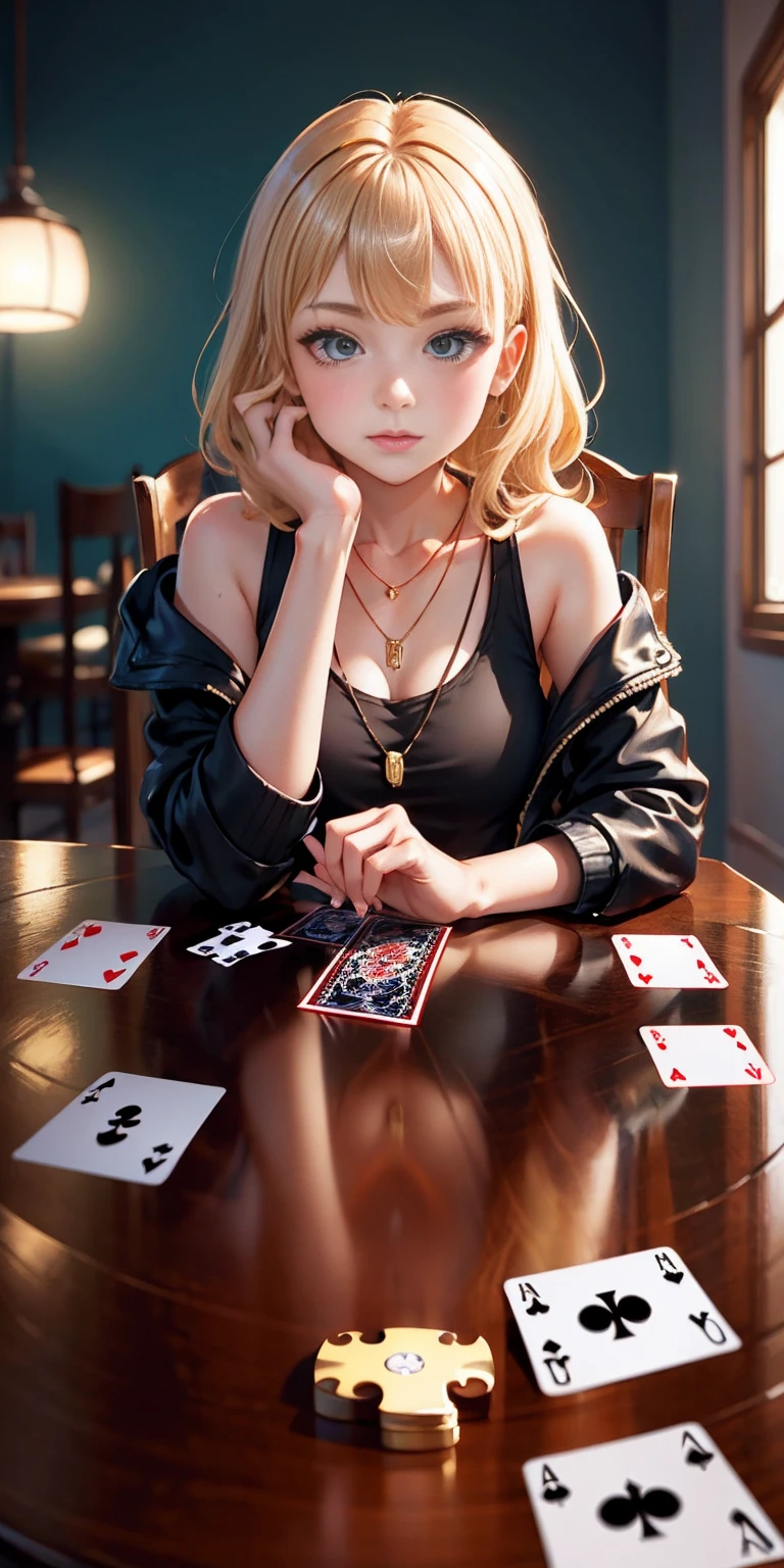 Highly detailed, High Quality, Masterpiece, beautiful, PlayingCards, 1slave girl, solo, holding, card, table, holding card, sitting, indoors, playing card, pov across table, closed mouth, looking at viewer, Forrest, Blonde hair, jacket on shoulders, necklace, big pendant, sleeveless shirt, millennium puzzle
