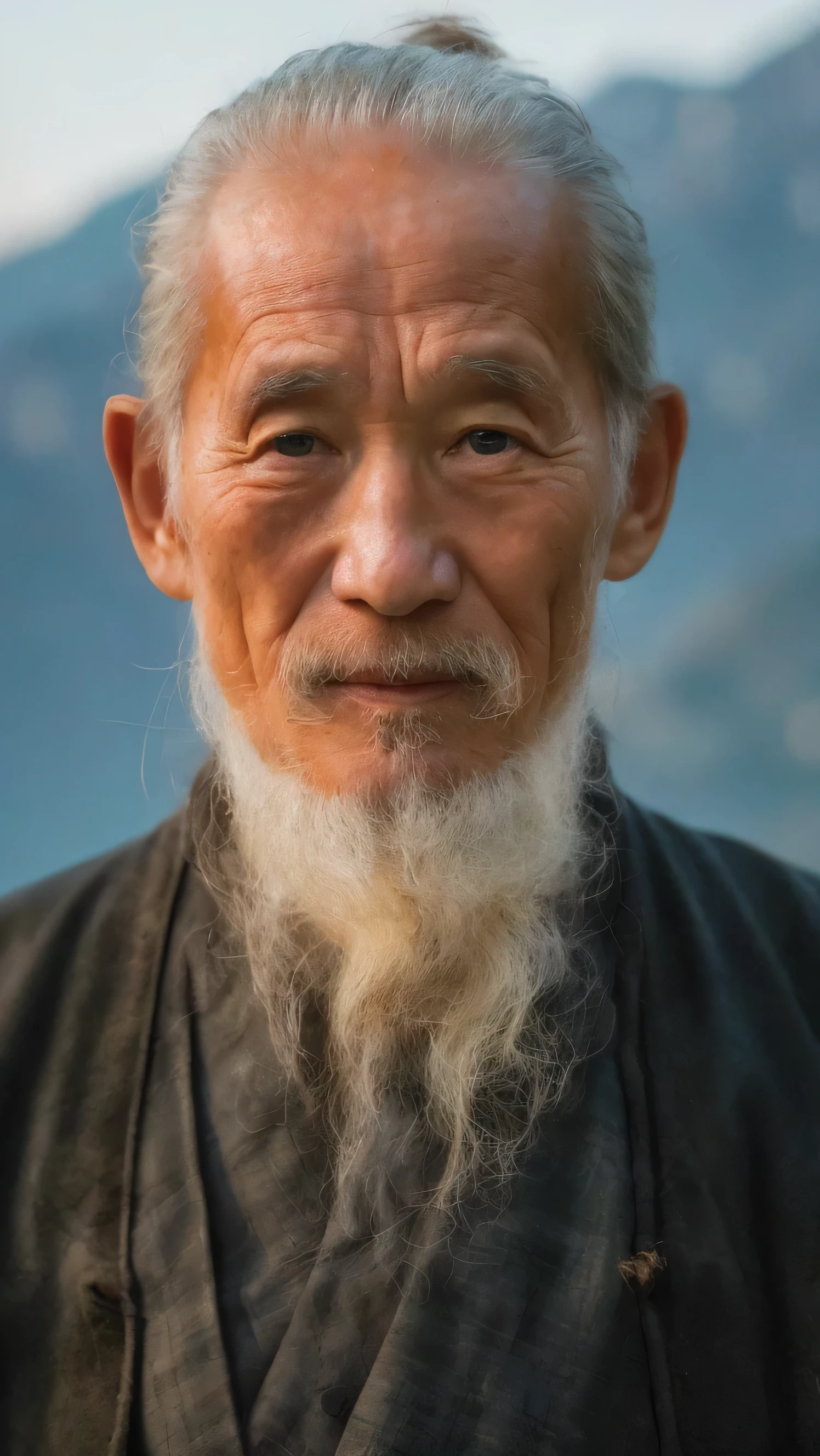 an old man in a robe，Nahaufnahme，Nahaufnahme，unter der Landschaft，sanfter Sonnenschein，4K-Auflösung，Helle Farben，Detaillierte Bildqualität，HD-Details，japanische Fotografie，Gesichtskamera
