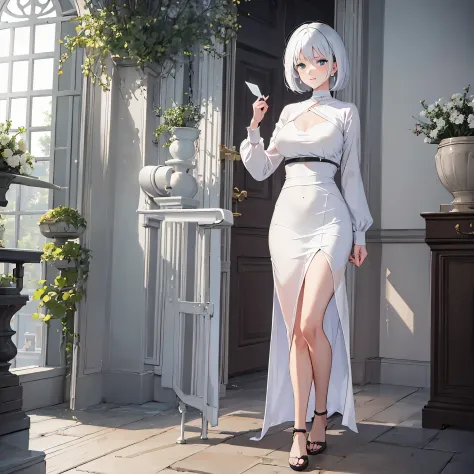 a woman with sophisticated white clothes, short hair in a german castle