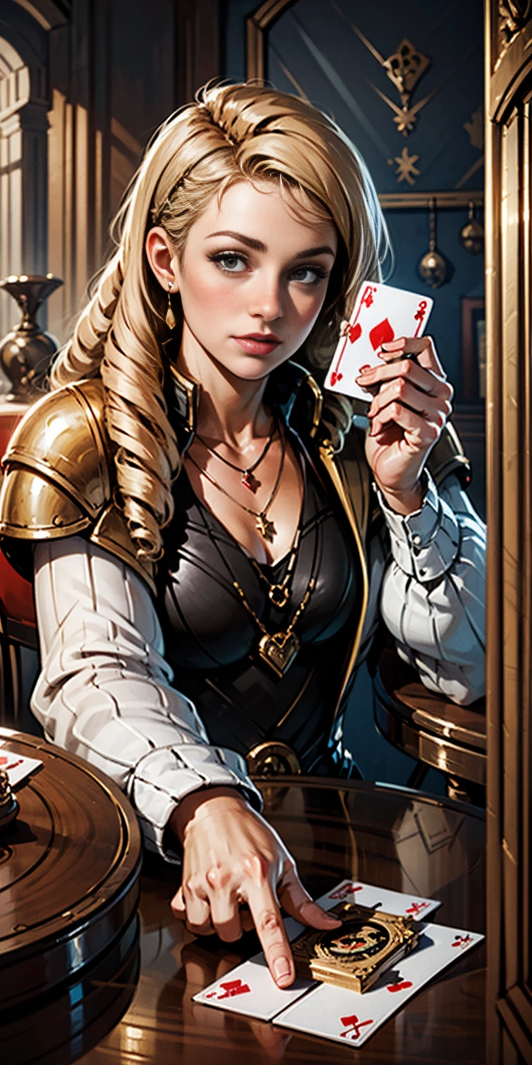 Highly detailed, High Quality, Masterpiece, beautiful, PlayingCards, 1slave girl, solo, holding, card, table, holding card, sitting, indoors, playing card, pov across table, closed mouth, looking at viewer, Forrest, Blonde hair, jacket on shoulders, necklace, big pendant, sleeveless shirt, millennium puzzle