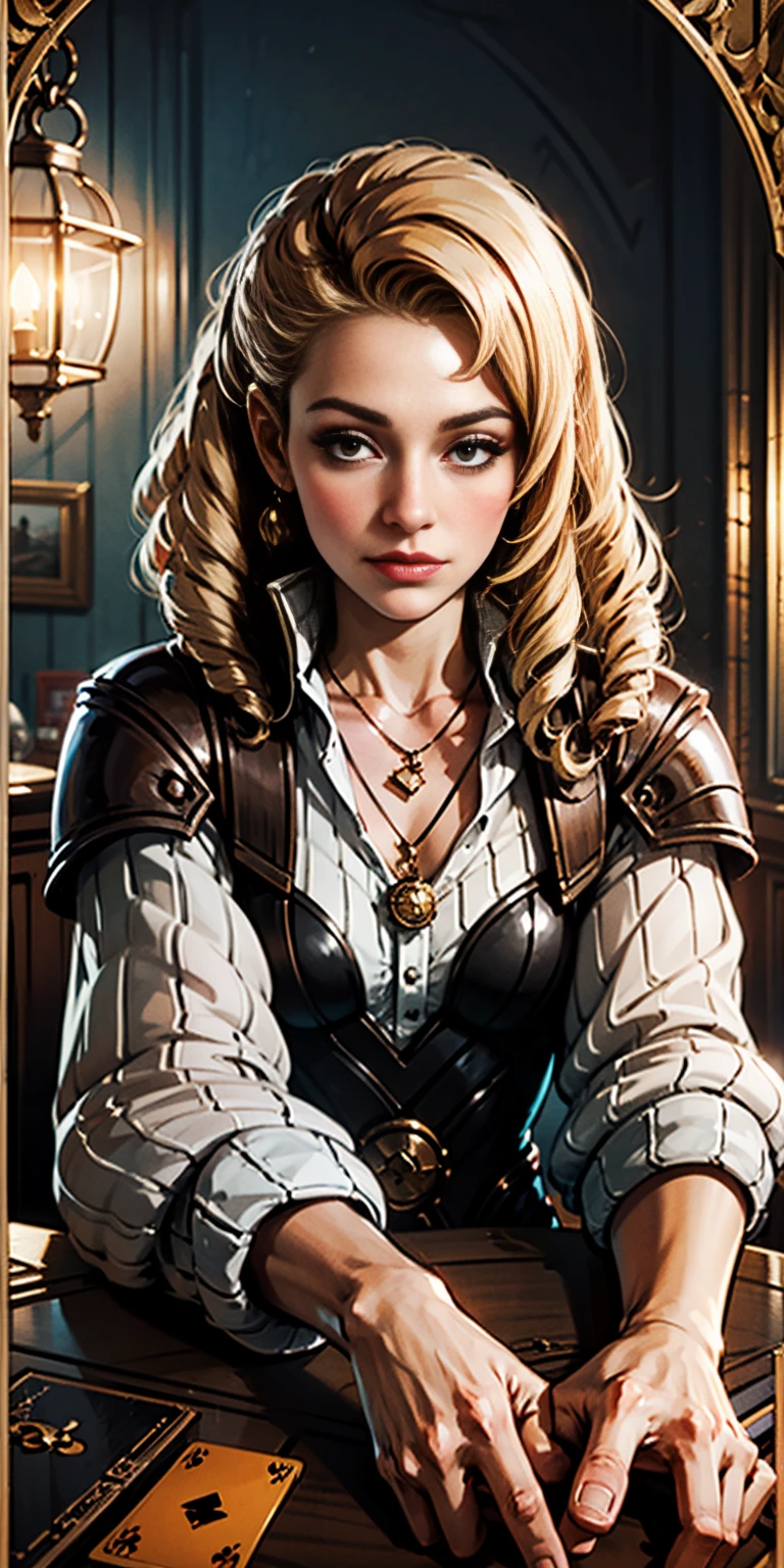 Highly detailed, High Quality, Masterpiece, beautiful, PlayingCards, 1slave girl, solo, holding, card, table, holding card, sitting, indoors, playing card, pov across table, closed mouth, looking at viewer, Forrest, Blonde hair, jacket on shoulders, necklace, big pendant, sleeveless shirt, millennium puzzle