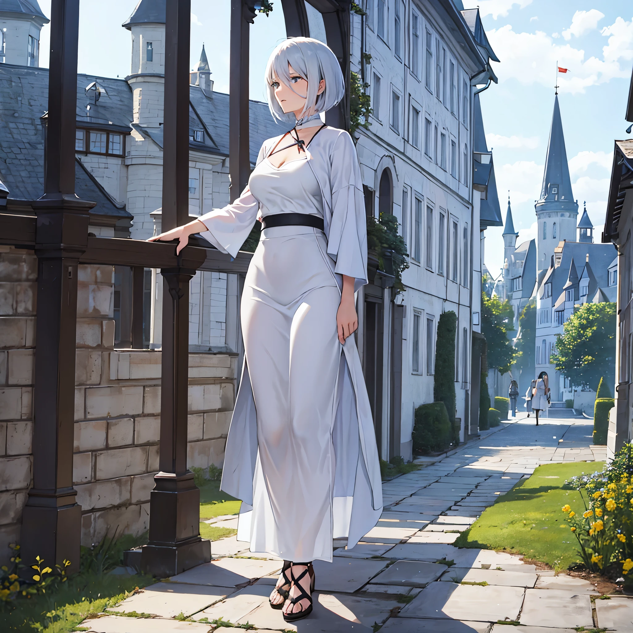 a woman with sophisticated white clothes, short hair in a German castle
