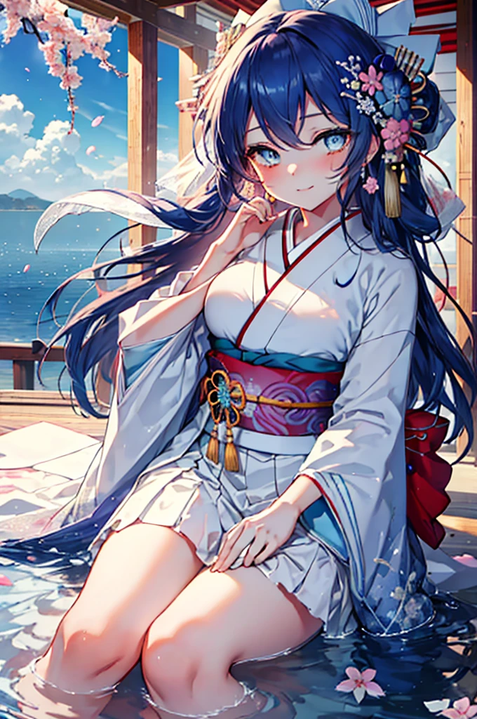 highest quality, masterpiece, High resolution, alone, {Sonoda_Ocean_lovelive:1.15}, blue hair，long hair，Wedding in a classic kimono of the Japan,Pure white kimono called pure white,Wedding at a shrine in a classic kimono of Japan,tatami,long skirt,smile,blush,(masterpiece:1.2), highest quality, High resolution, unity 8k wallpaper, (figure:0.8), (beautiful and fine eyes:1.6), highly detailed face,highly detailed eyes,highly detailed hands,Highly detailed feet, perfect lighting, Very detailed CG, (perfect hands, perfect anatomy),