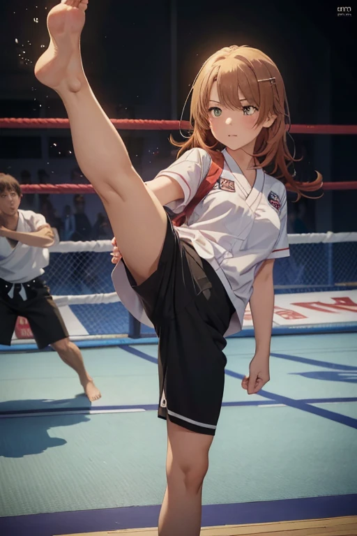 high resolution, 1girl, isshiki iroha, angry, wearing summer school uniform with short sleeves, right leg high kick, karate kick, right foot raised above head-height, barefoot, arched foot, toes bent upwards, barehands, fighting stance, martial arts, facing viewer, fit full body in picture, (best quality,8K,high resolution,ultra-detailed,masterpiece:1.2)