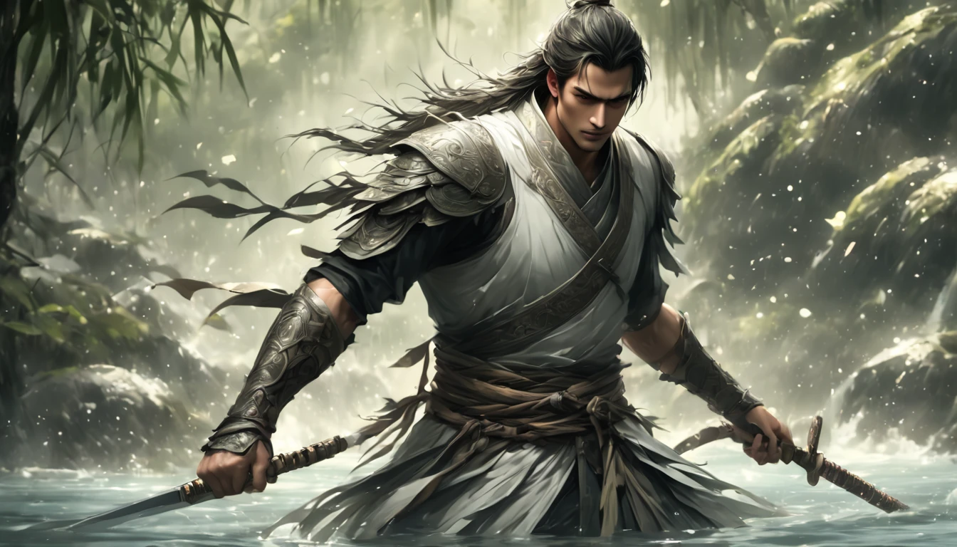 A young handsome male swordsman wearing a white ancient Han costume is standing in the water, He waved his long sword, carrying a big calabash, doing very handsome actions, the water in the calabash is spilt out, water droplets, sparkling, bamboo forest, river, bamboo leaves falling, light chasing, animation style image, CG animation, fantasy art work,niji style
