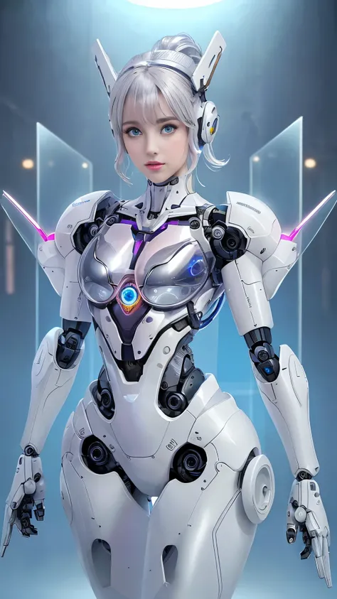 (La mejor calidad,A high resolution,Ultra - detallado,actual),Ariana Grande japonesa androide cyborg, robotic parts, hermoso estudio con luz suave, Detalles vibrantes, Ciberpunk de lujo, (Android body made of white and silver transparent glass and plastic:...