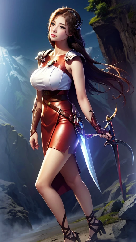 Woman in red silver dress, ((run)), Escape the monsters, Immersive art station, ศิลปะFantasyที่มีรายละเอียด, Amazing character art, Excellent and neat character art, beautiful armor, very detailed, red armor girl, Exquisite headdresses and ornaments, (best quality, 10, Masterpiece :1.3), (realistic, ภาพrealistic: 1.37), (1 girl), (Beautiful women between the ages of 18-20), (thin), (Focus on the slender abdomen.. :1.3), (Korea), (Pastel colored leather dress, Long red leather cloak, Long red leather cloak, Show your arms and shoulders., white leather skirt, short leather skirt, Emphasize her legs., High groove,), (รองเท้าHeel Height), (Random pose), Huge breasts, exposed cleavage, ((dark brown hair, long hair)), exquisite face, Open the show, Fantasy, Slender figure, Very smooth face, Good eyes, Double eyelids, (long hair, Random hairstyles), (big girl :1.3), (outdoor), (Extraordinarily detailed face), (Detailed eyes), (Double eyelids), (Eyeshadow makes eyelashes look thicker.......), obscure, (Long legs, Heel Height), (((Whole body))), (professional lighting), (Photon mapping), (Radiation), red armor girl, silver armor girl, ((Big Sword)), (Look directly at the audience.....), cliff scene, mountain, cave mouth, stone, Dungeon