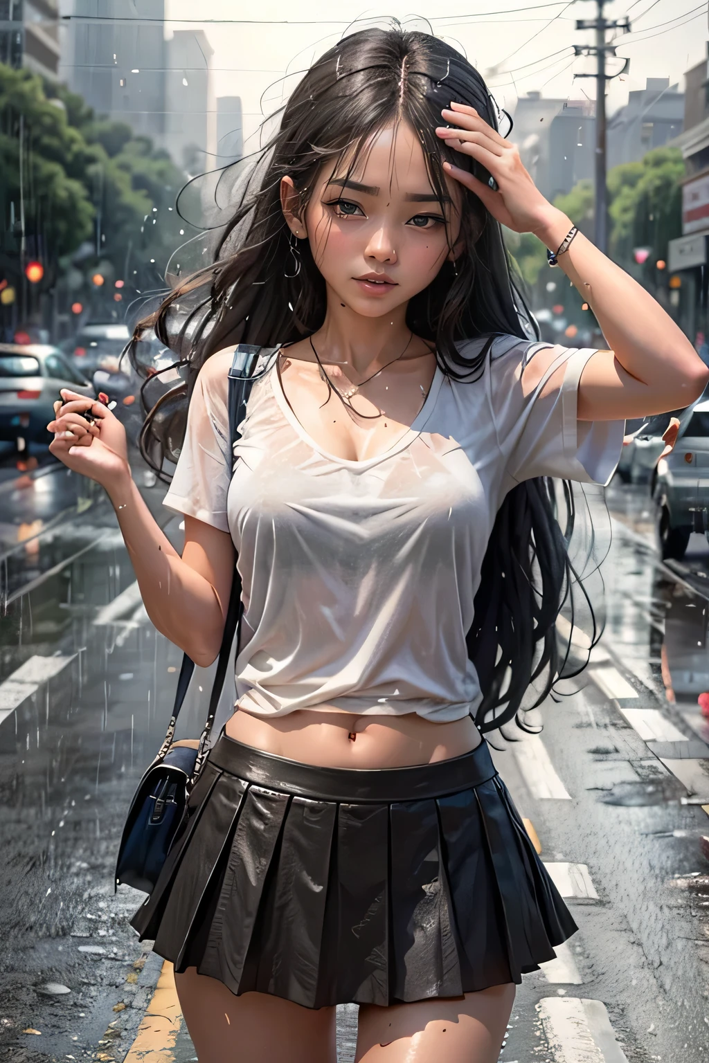 a beautiful girl crying in the countryside road, rainy, trees around the road, standing while wiping tears, wet shirt, use skirt, long hair, black hair, a bit thick