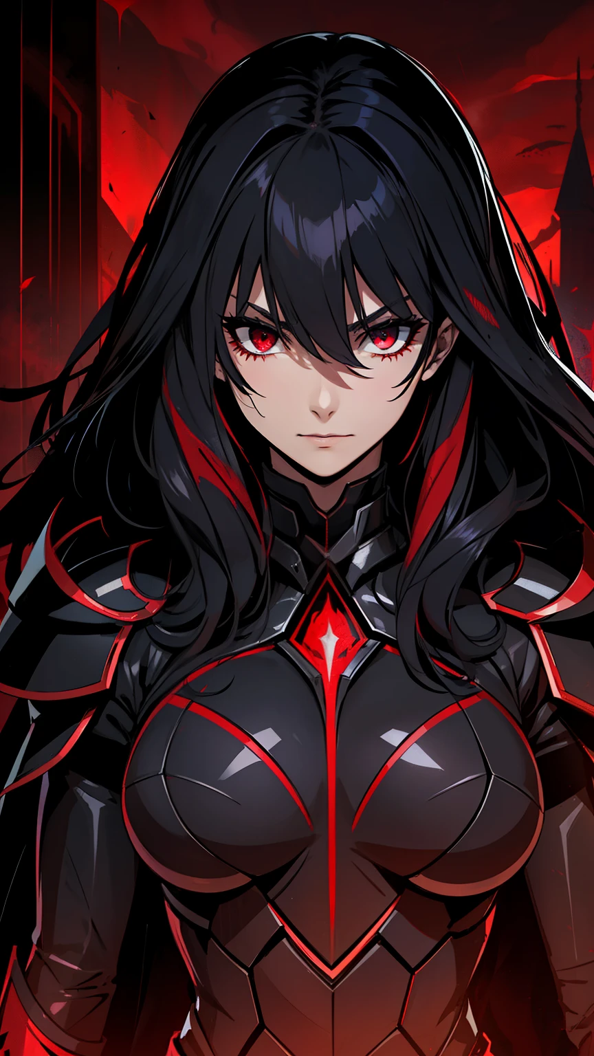 (high-quality, breathtaking),(expressive eyes, perfect face) 1female, girl , solo, young adult, long hair length, wavy curly hair, soft wave, black hair color, red highlights in hair, deep red eye color, background, music, smug expression, smirk, mature, dominant, haunting red background, armor, onyx black armor with red trim, midnight dark armor with red cracks engraved in the exterior, saber alter, alter saber fate stay night, corrupted theme, corrupted armor, red lines on armor, conquerer vibe, red markings on armor, slightly narrow eyes, evil queen, narrow beautiful eyes, queen chess piece, beautiful hair, detailed eyes
