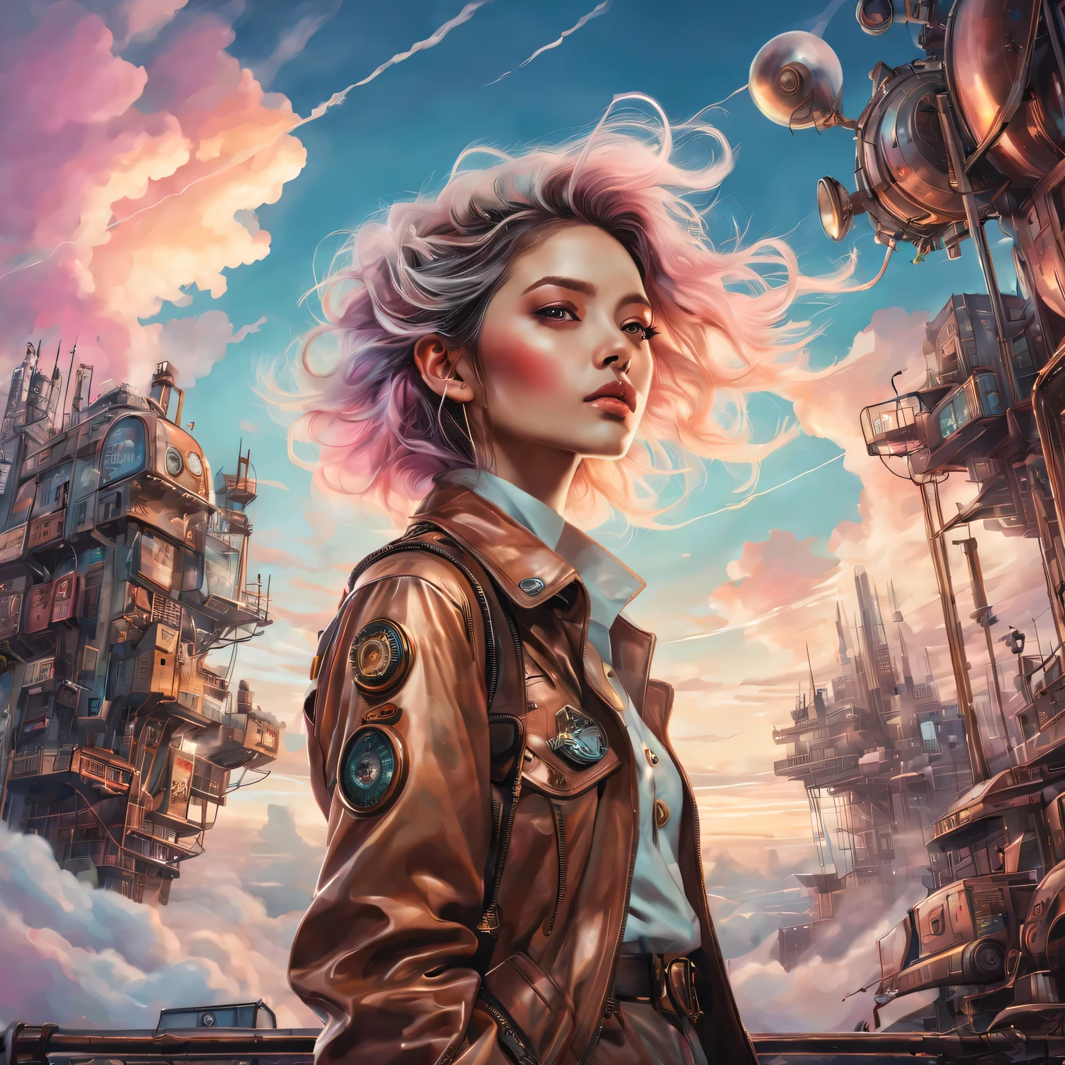 （best quality，4K，8k，masterpiece：1.2），Super fine，（lifelike，photorealism，照片lifelike度：1.37），Future retro female pilot、Her eyes are very delicate，Long eyelashes make her even more attractive。soft, Natural light illuminates her face，Highlight her expressive lips，A faint smile hanging on the corner of the mouth。Steampunk clothing、adventure、Clouds cover the sky、futuristic cityscape、metal surfaces、graffiti-covered walls、urban aging、Hair blown by the wind、confident posture、Emerge from the cloud，Hand drawn illustrations，Contrasting colors，(pastel tones)，ethereal beauty，otherworldly scenery，Lens illumination，Impressive machinery，Sunset，creative imagination，work，Full of emotion，Inspiring ambition。