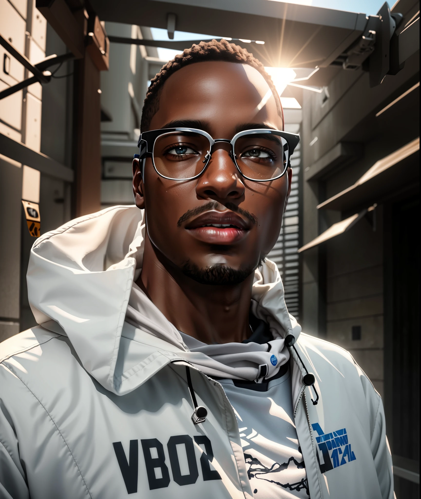 dark skinned young black man is wearing glasses and a white windbreaker hoodie, no facial hair, clean face, RAW, Masterpiece, Super Fine Photo, Ultra High Resolution, Photorealistic, Sunlight, Full Body Portrait, in the style of mecha sci-fi anime, 8k, best quality, highres, Unreal Engine:1.4,Ultra-realistic K CG, Photorealista:1.4, Skin Texture:1.4, Volumetric fog, 8k uhd, dslr, high quality, film grain, fair skin, photorealism, lomography, translucent
