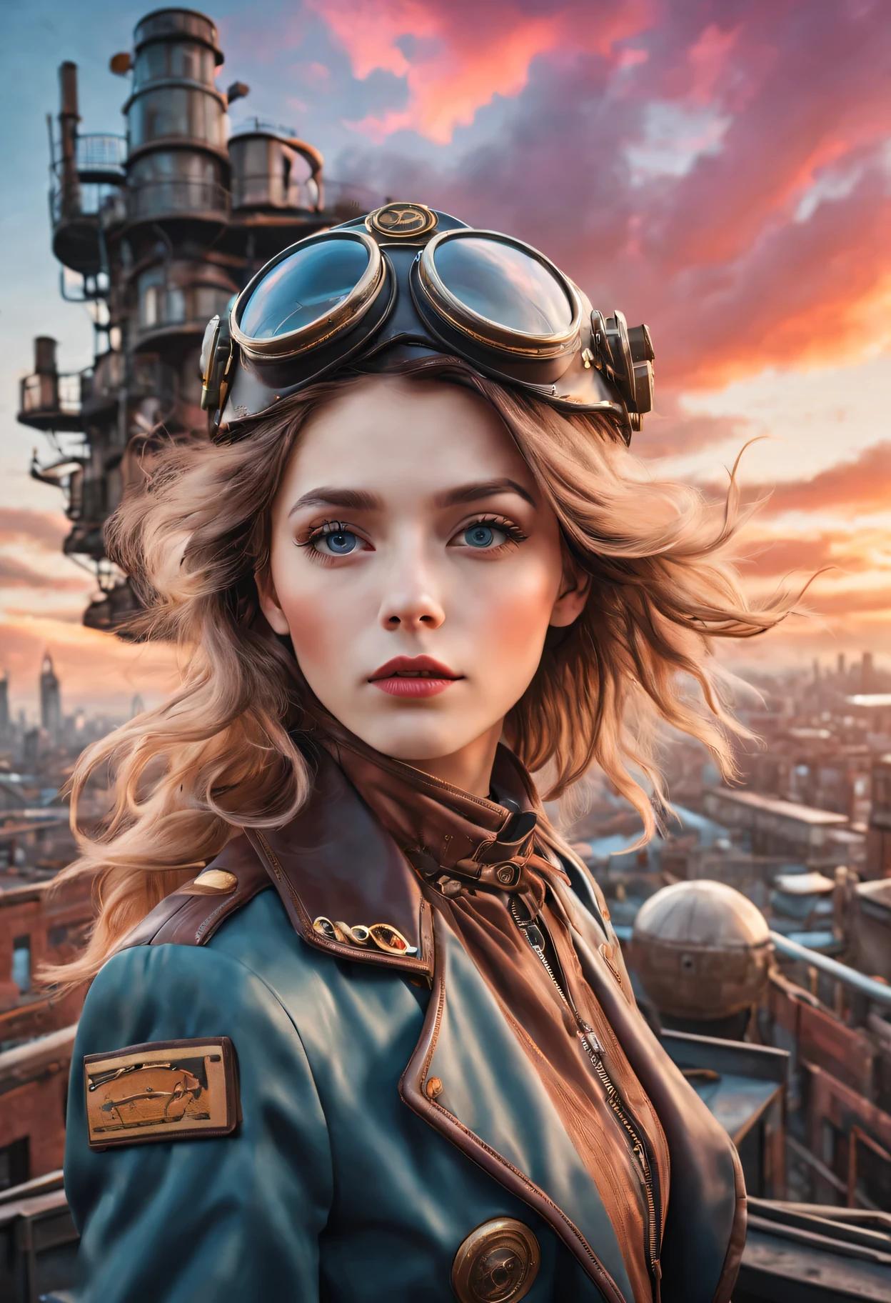 （best quality，4K，8k，masterpiece：1.2），Super fine，（lifelike，photorealism，照片lifelike度：1.37），Future retro female pilot、Her eyes are very delicate，Long eyelashes make her even more attractive。soft, Natural light illuminates her face，Highlight her expressive lips，A faint smile hanging on the corner of the mouth。Steampunk clothing、adventure、Clouds cover the sky、futuristic cityscape、metal surfaces、graffiti-covered walls、urban aging、Hair blown by the wind、confident posture、Emerge from the cloud，Hand drawn illustrations，Contrasting colors，(pastel tones)，ethereal beauty，otherworldly scenery，Lens illumination，Impressive machinery，Sunset，creative imagination，work，Full of emotion，Inspiring ambition。