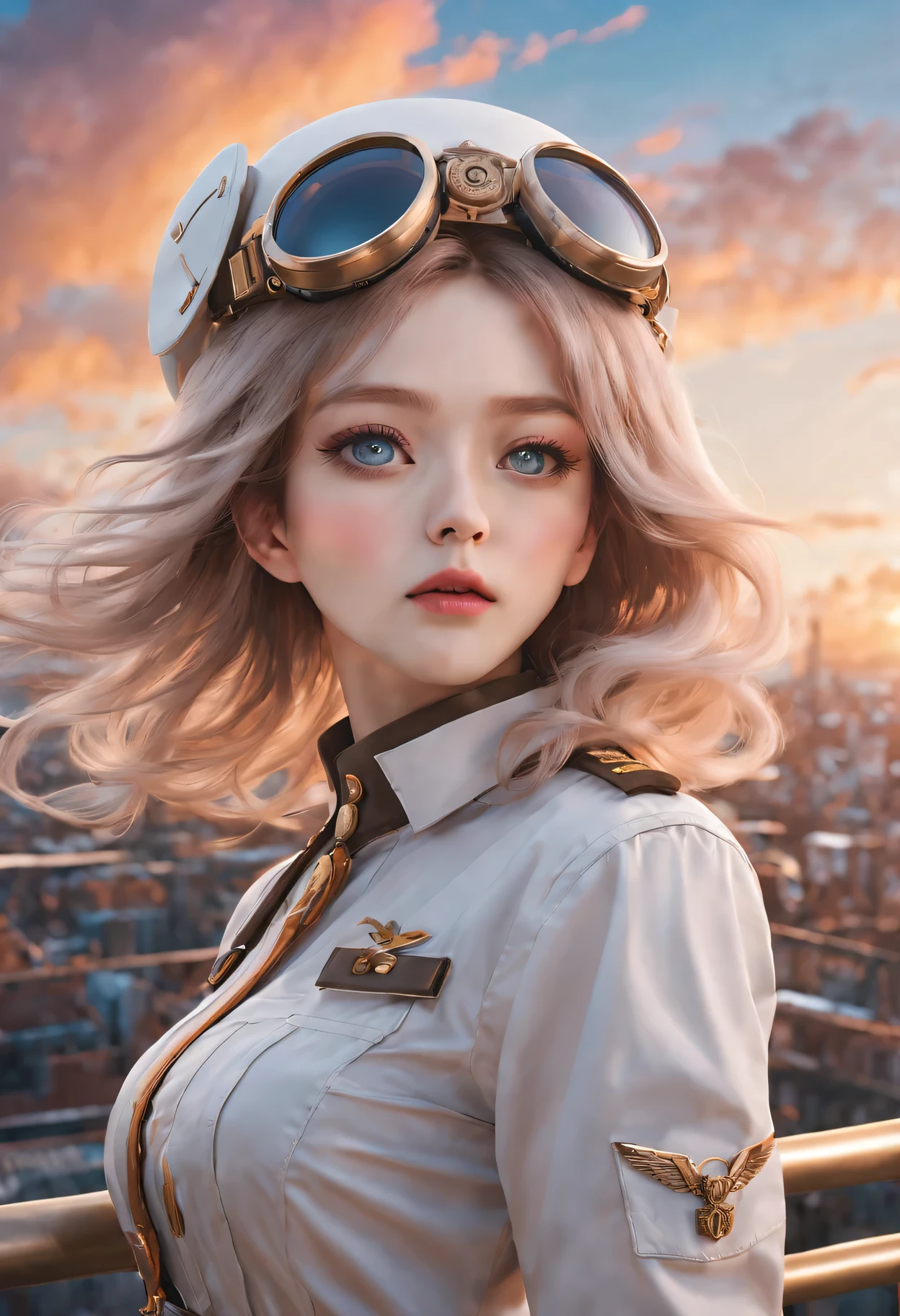 （best quality，4K，8k，masterpiece：1.2），Super fine，（lifelike，photorealism，照片lifelike度：1.37），Future retro female pilot、Her eyes are very delicate，Long eyelashes make her even more attractive。soft, Natural light illuminates her face，Highlight her expressive lips，A faint smile hanging on the corner of the mouth。Steampunk clothing、adventure、Clouds cover the sky、futuristic cityscape、metal surfaces、graffiti-covered walls、urban aging、Hair blown by the wind、confident posture、Emerge from the cloud，Hand drawn illustrations，Contrasting colors，(pastel tones)，ethereal beauty，otherworldly scenery，Lens illumination，Impressive machinery，Sunset，creative imagination，work，Full of emotion，Inspiring ambition。