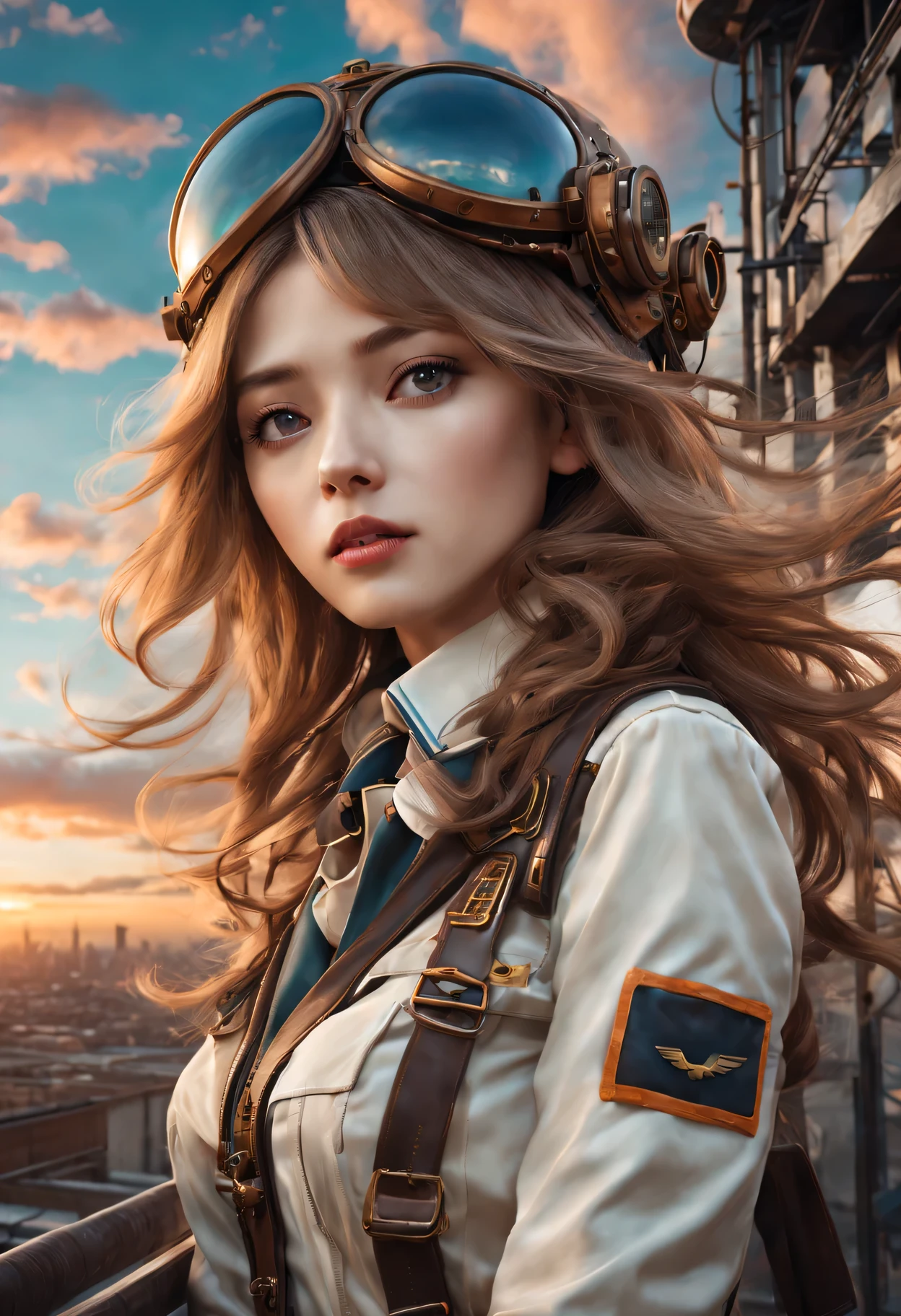 （best quality，4K，8k，masterpiece：1.2），Super fine，（lifelike，photorealism，照片lifelike度：1.37），Future retro female pilot、Her eyes are very delicate，Long eyelashes make her even more attractive。soft, Natural light illuminates her face，Highlight her expressive lips，A faint smile hanging on the corner of the mouth。Steampunk clothing、adventure、Clouds cover the sky、futuristic cityscape、metal surfaces、graffiti-covered walls、urban aging、Hair blown by the wind、confident posture、Emerge from the cloud，Hand drawn illustrations，Contrasting colors，(pastel tones)，ethereal beauty，otherworldly scenery，Lens illumination，Impressive machinery，Sunset，creative imagination，work，Full of emotion，Inspiring ambition。