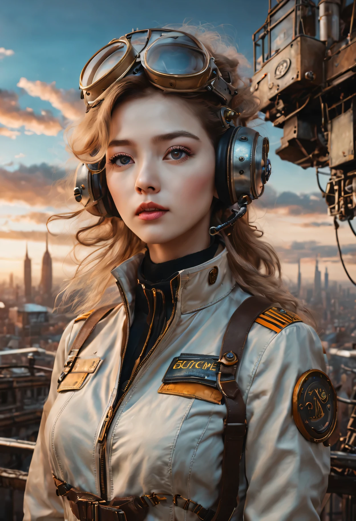 （best quality，4K，8k，masterpiece：1.2），Super fine，（lifelike，photorealism，照片lifelike度：1.37），Future retro female pilot、Her eyes are very delicate，Long eyelashes make her even more attractive。soft, Natural light illuminates her face，Highlight her expressive lips，A faint smile hanging on the corner of the mouth。Steampunk clothing、adventure、Clouds cover the sky、futuristic cityscape、metal surfaces、graffiti-covered walls、urban aging、Hair blown by the wind、confident posture、Emerge from the cloud，Hand drawn illustrations，Contrasting colors，(pastel tones)，ethereal beauty，otherworldly scenery，Lens illumination，Impressive machinery，Sunset，creative imagination，work，Full of emotion，Inspiring ambition。