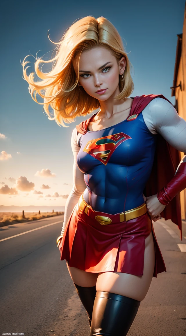 android 18, ( full body photo ), Supergirl Suit, red cape, Superman&#39;s S on the chest, blue swimsuit, Red skirt, red boots, (neckleace), short hair blonde, Breasts huge, Athletic body, big breasts very seductive, seductively pose, smiling, fluffly, muito fluffly, Ultra High Definition, master part, ultra high-quality, ultra detailing, 8K, sultry posing, extremely high quality, high resolution, 1080P, hard disk, 4K, 8K, 16K, (very detailled), realisitic, 8K, 4d cinema, 极其详细的Artgerm, [ digital art 4k ]!!