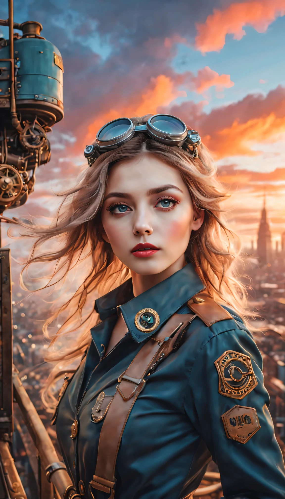 （best quality，4K，8k，masterpiece：1.2），Super fine，（lifelike，photorealism，照片lifelike度：1.37），Future retro female pilot、Her eyes are very delicate，Long eyelashes make her even more attractive。soft, Natural light illuminates her face，Highlight her expressive lips，A faint smile hanging on the corner of the mouth。Steampunk clothing、adventure、Clouds cover the sky、futuristic cityscape、metal surfaces、graffiti-covered walls、urban aging、Hair blown by the wind、confident posture、Emerge from the cloud，Hand drawn illustrations，Contrasting colors，(pastel tones)，ethereal beauty，otherworldly scenery，Lens illumination，Impressive machinery，Sunset，creative imagination，work，Full of emotion，Inspiring ambition。