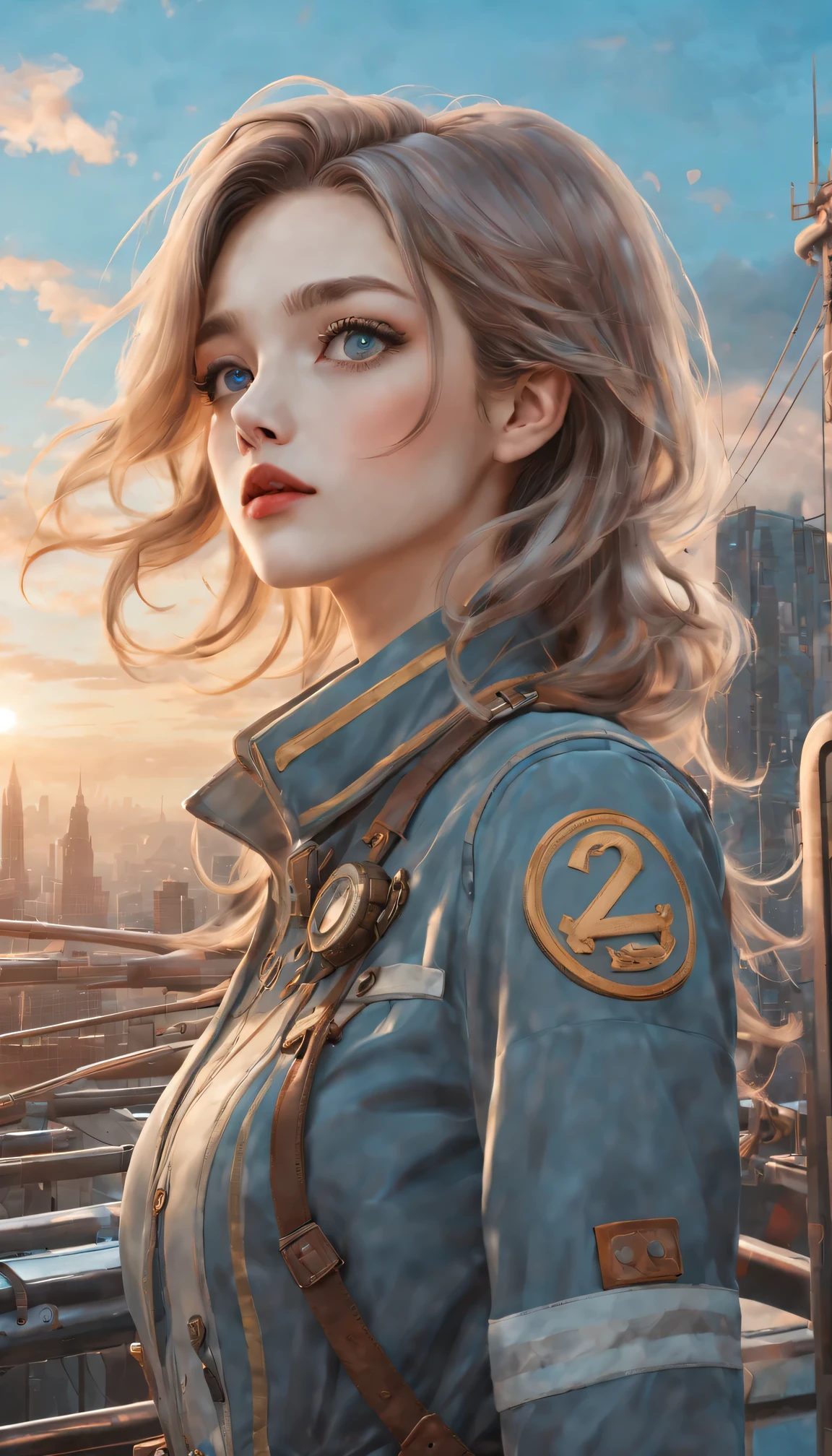 （best quality，4K，8k，masterpiece：1.2），Super fine，（lifelike，photorealism，照片lifelike度：1.37），Future retro female pilot、Her eyes are very delicate，Long eyelashes make her even more attractive。soft, Natural light illuminates her face，Highlight her expressive lips，A faint smile hanging on the corner of the mouth。Steampunk clothing、adventure、Clouds cover the sky、futuristic cityscape、metal surfaces、graffiti-covered walls、urban aging、Hair blown by the wind、confident posture、Emerge from the cloud，Hand drawn illustrations，Contrasting colors，(pastel tones)，ethereal beauty，otherworldly scenery，Lens illumination，Impressive machinery，Sunset，creative imagination，work，Full of emotion，Inspiring ambition。