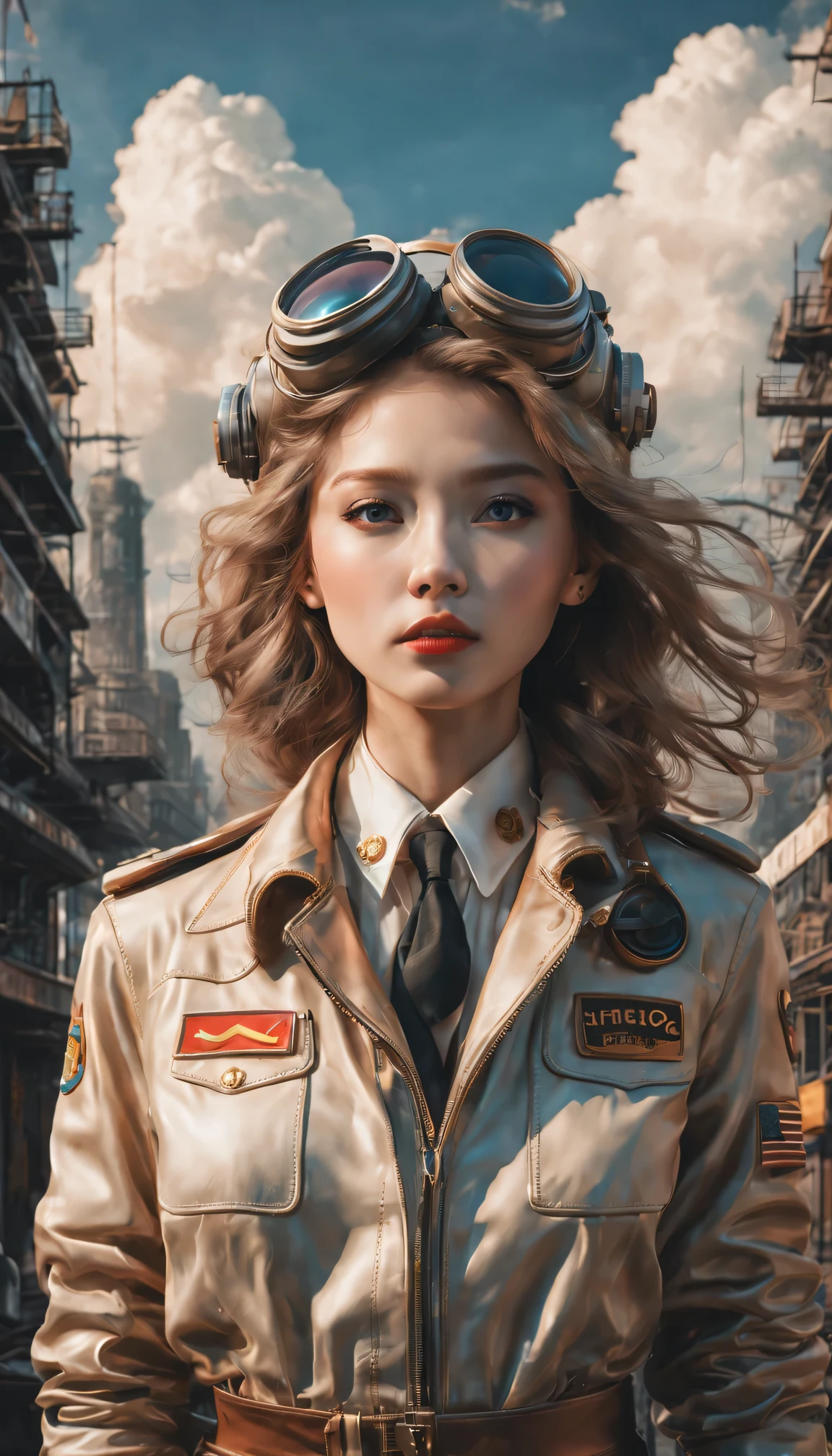 （best quality，4K，8k，masterpiece：1.2），Super fine，（lifelike，photorealism，照片lifelike度：1.37），Future retro female pilot、Her eyes are very delicate，Long eyelashes make her even more attractive。soft, Natural light illuminates her face，Highlight her expressive lips，A faint smile hanging on the corner of the mouth。Steampunk clothing、adventure、Clouds cover the sky、futuristic cityscape、metal surfaces、graffiti-covered walls、urban aging、Hair blown by the wind、confident posture、Emerge from the cloud，Hand drawn illustrations，Contrasting colors，(pastel tones)，ethereal beauty，otherworldly scenery，Lens illumination，Impressive machinery，Sunset，creative imagination，work，Full of emotion，Inspiring ambition。