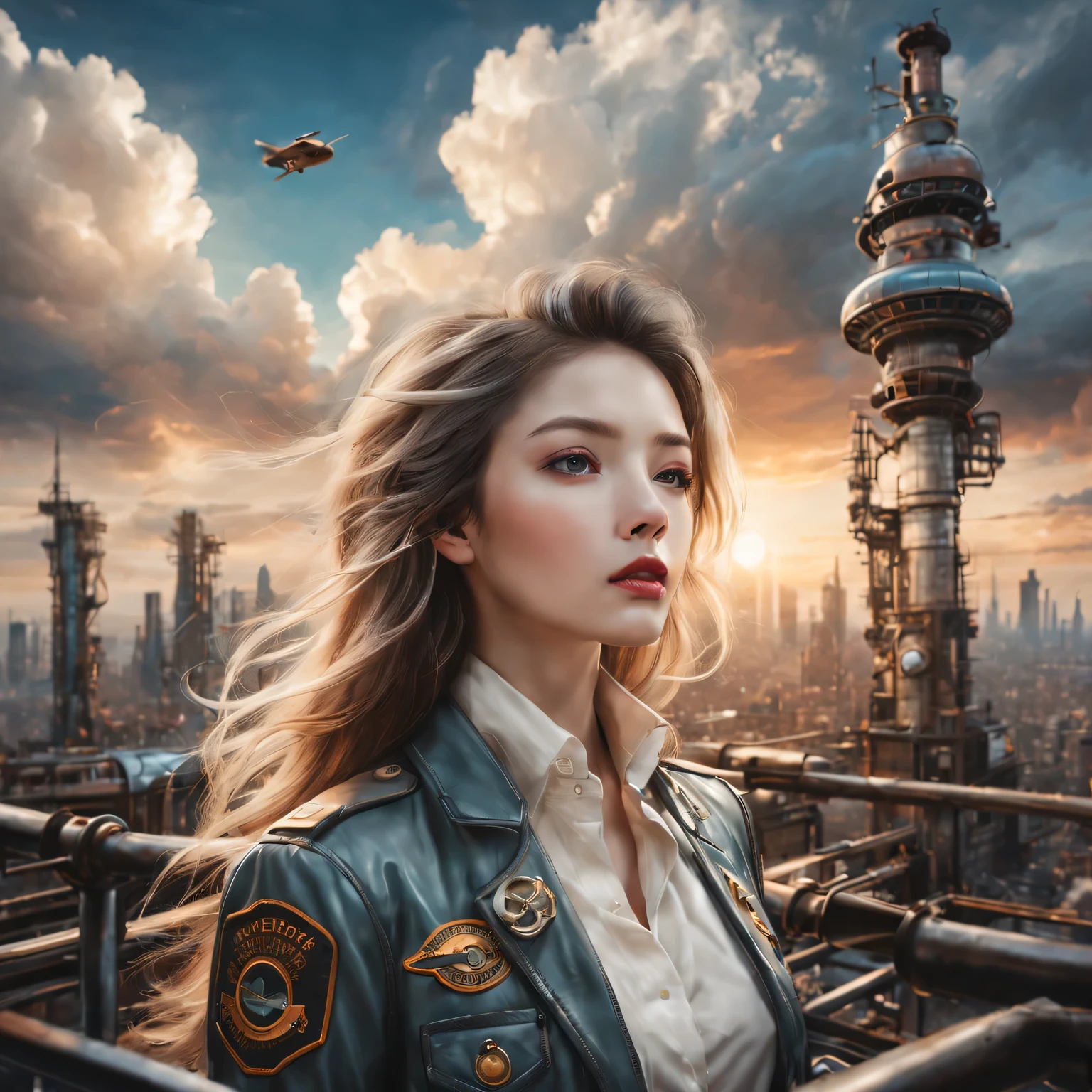 （best quality，4K，8k，masterpiece：1.2），Super fine，（lifelike，photorealism，照片lifelike度：1.37），Future retro female pilot、Her eyes are very delicate，Long eyelashes make her even more attractive。soft, Natural light illuminates her face，Highlight her expressive lips，A faint smile hanging on the corner of the mouth。Steampunk clothing、adventure、Clouds cover the sky、futuristic cityscape、metal surfaces、graffiti-covered walls、urban aging、Hair blown by the wind、confident posture、Emerge from the cloud，Hand drawn illustrations，Contrasting colors，(pastel tones)，ethereal beauty，otherworldly scenery，Lens illumination，Impressive machinery，Sunset，creative imagination，work，Full of emotion，Inspiring ambition。