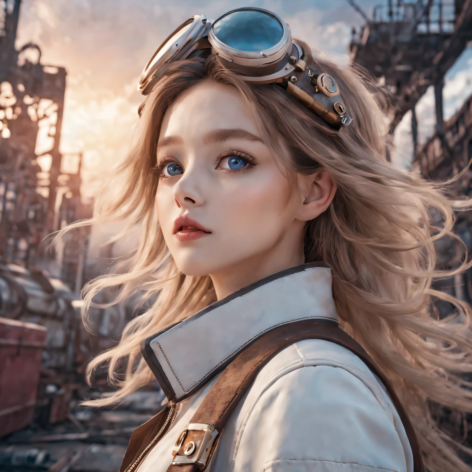 （best quality，4K，8k，masterpiece：1.2），Super fine，（lifelike，photorealism，照片lifelike度：1.37），Future retro female pilot、Her eyes are very delicate，Long eyelashes make her even more attractive。soft, Natural light illuminates her face，Highlight her expressive lips，A faint smile hanging on the corner of the mouth。Steampunk clothing、adventure、Clouds cover the sky、futuristic cityscape、metal surfaces、graffiti-covered walls、urban aging、Hair blown by the wind、confident posture、Emerge from the cloud，Hand drawn illustrations，Contrasting colors，(pastel tones)，ethereal beauty，otherworldly scenery，Lens illumination，Impressive machinery，Sunset，creative imagination，work，Full of emotion，Inspiring ambition。