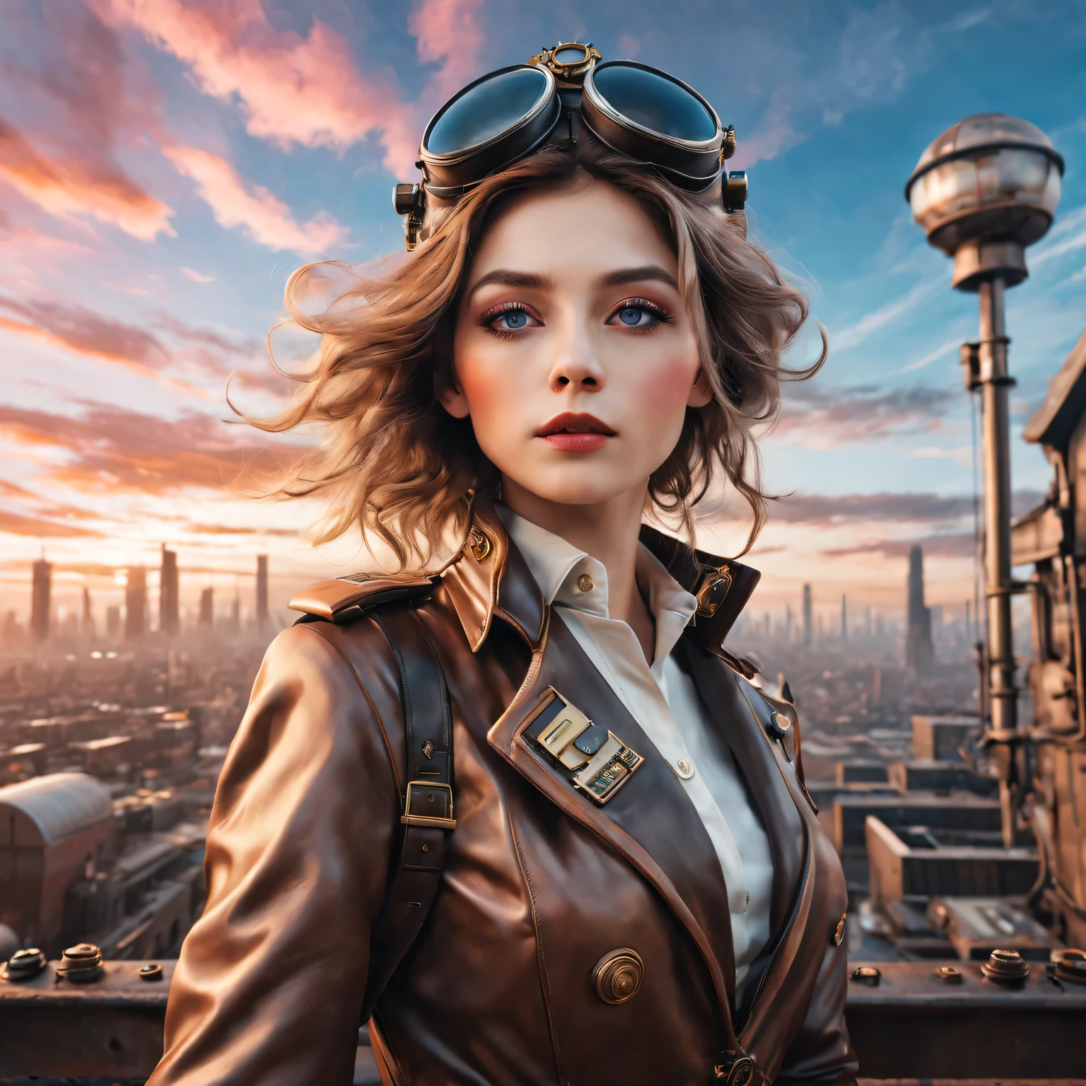 （best quality，4K，8k，masterpiece：1.2），Super fine，（lifelike，photorealism，照片lifelike度：1.37），Future retro female pilot、Her eyes are very delicate，Long eyelashes make her even more attractive。soft, Natural light illuminates her face，Highlight her expressive lips，A faint smile hanging on the corner of the mouth。Steampunk clothing、adventure、Clouds cover the sky、futuristic cityscape、metal surfaces、graffiti-covered walls、urban aging、Hair blown by the wind、confident posture、Emerge from the cloud，Hand drawn illustrations，Contrasting colors，(pastel tones)，ethereal beauty，otherworldly scenery，Lens illumination，Impressive machinery，Sunset，creative imagination，work，Full of emotion，Inspiring ambition。