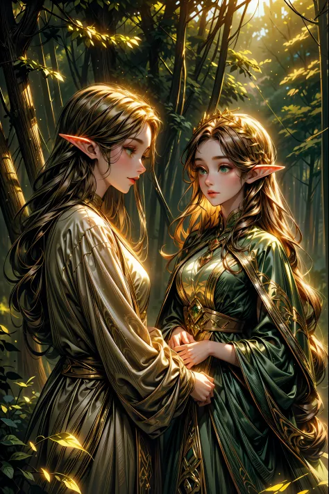 (best quality, masterpiece:1.2),elf girl,2 elfs,full body,finely detailed beautiful eyes,finely detailed face,detailed clothing,green and gold color palette,enchanted forest setting,magical lighting,ethereal atmosphere,dreamlike,storybook illustration