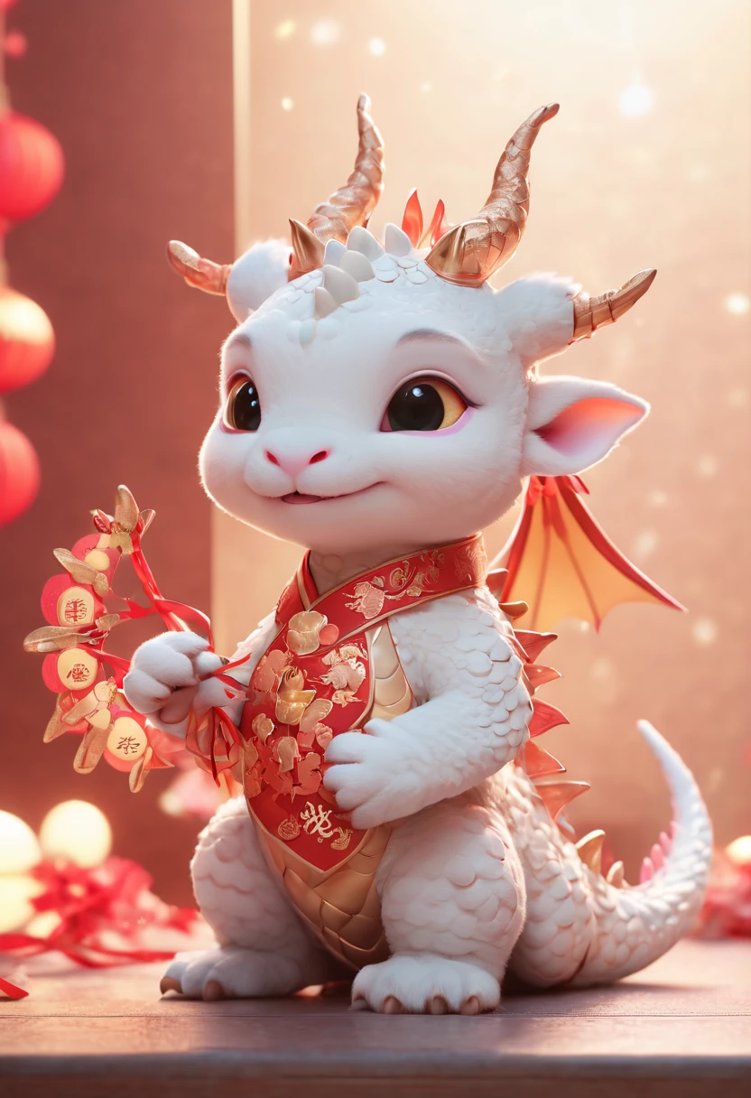 text "China", Chinese New Year "2024", dragon cub mascot, red clothes, Chinese bowing, spit out many golds, red envelopes, fireworks, confetti, strong festive atmosphere, Chinese elements, panoramic view, Ultra high saturation, (best quality, masterpiece, Representative work, official art, Professional, 8k)